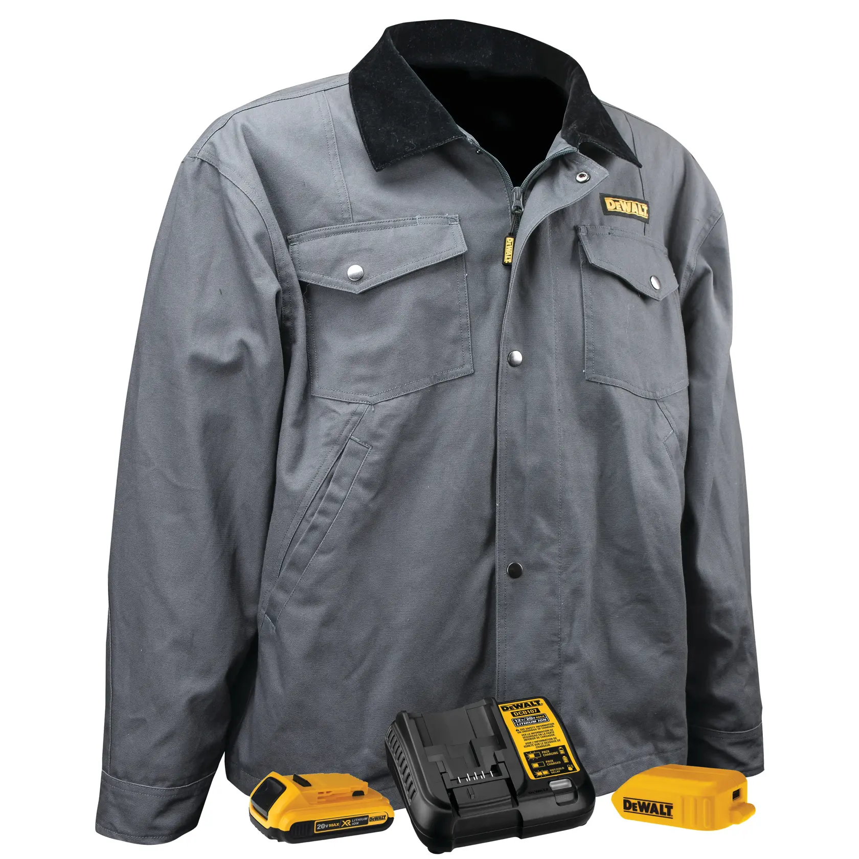 A grey DEWALT heated jacket with a black collar, displayed with a yellow battery pack, a charging station, and a power adapter in front of it.