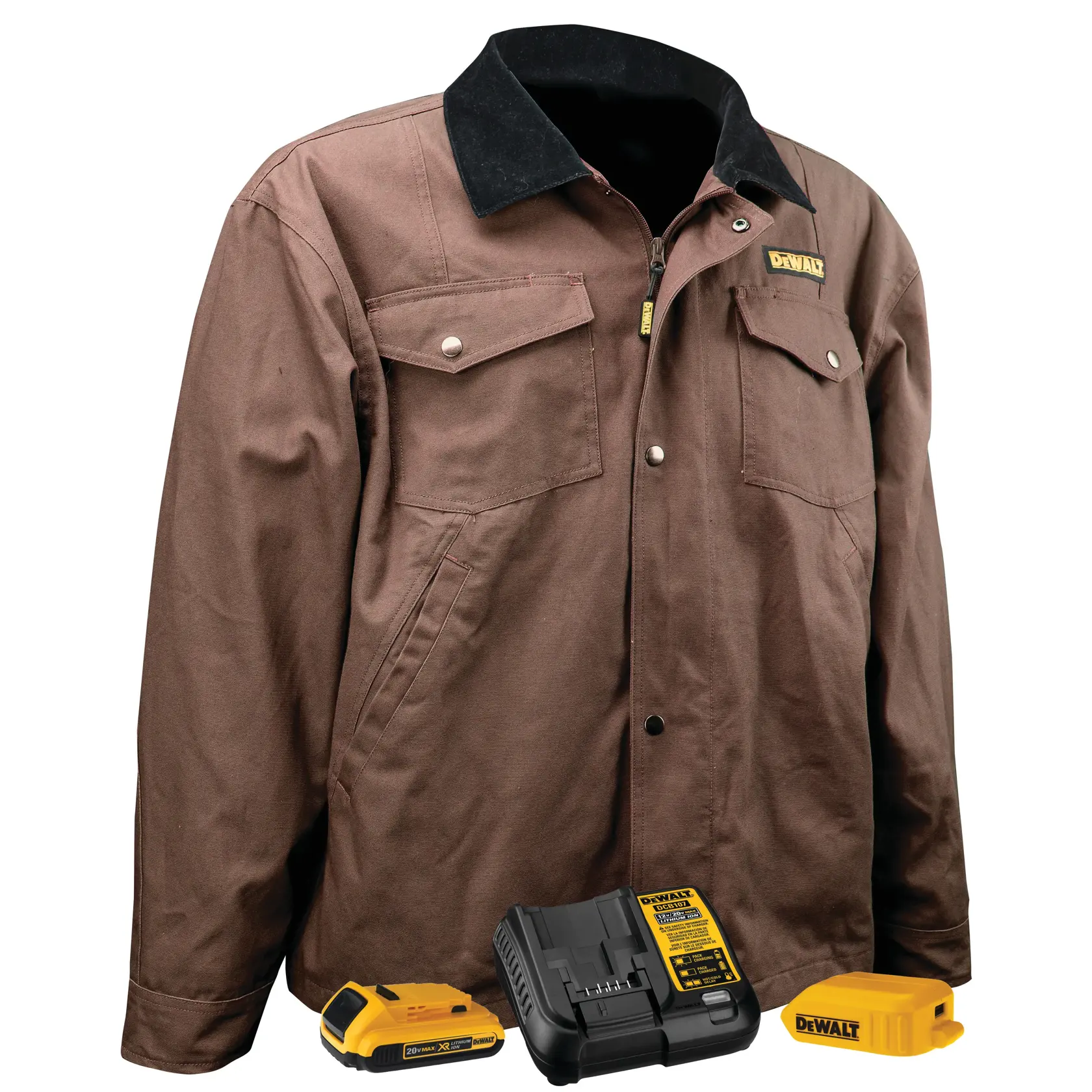 A brown DEWALT work jacket with a black collar, displayed with a yellow battery pack, charger, and adapter accessory in front.