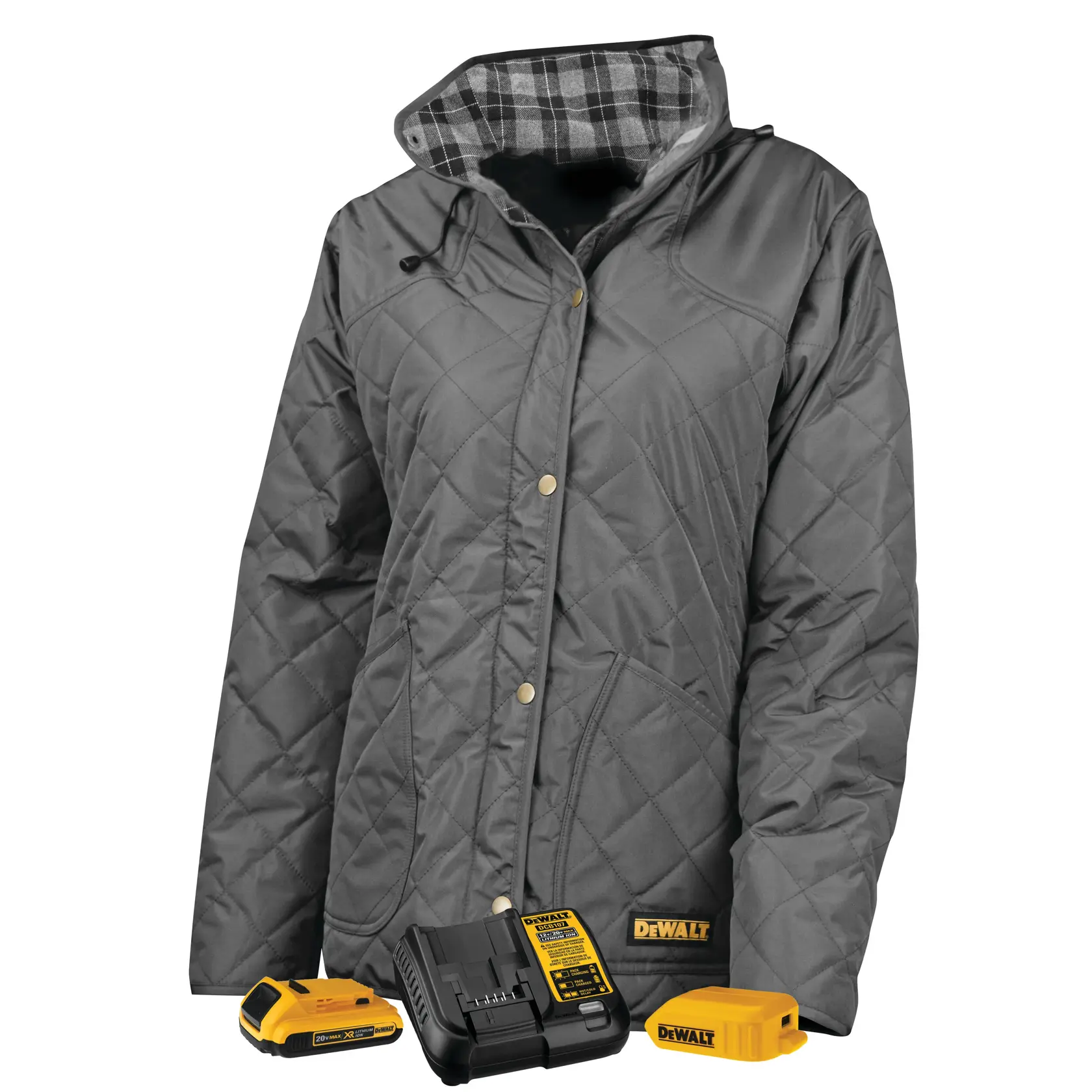 A grey quilted jacket with a plaid lining, displayed with a DEWALT battery, charging kit, and yellow power accessory placed in front of it.