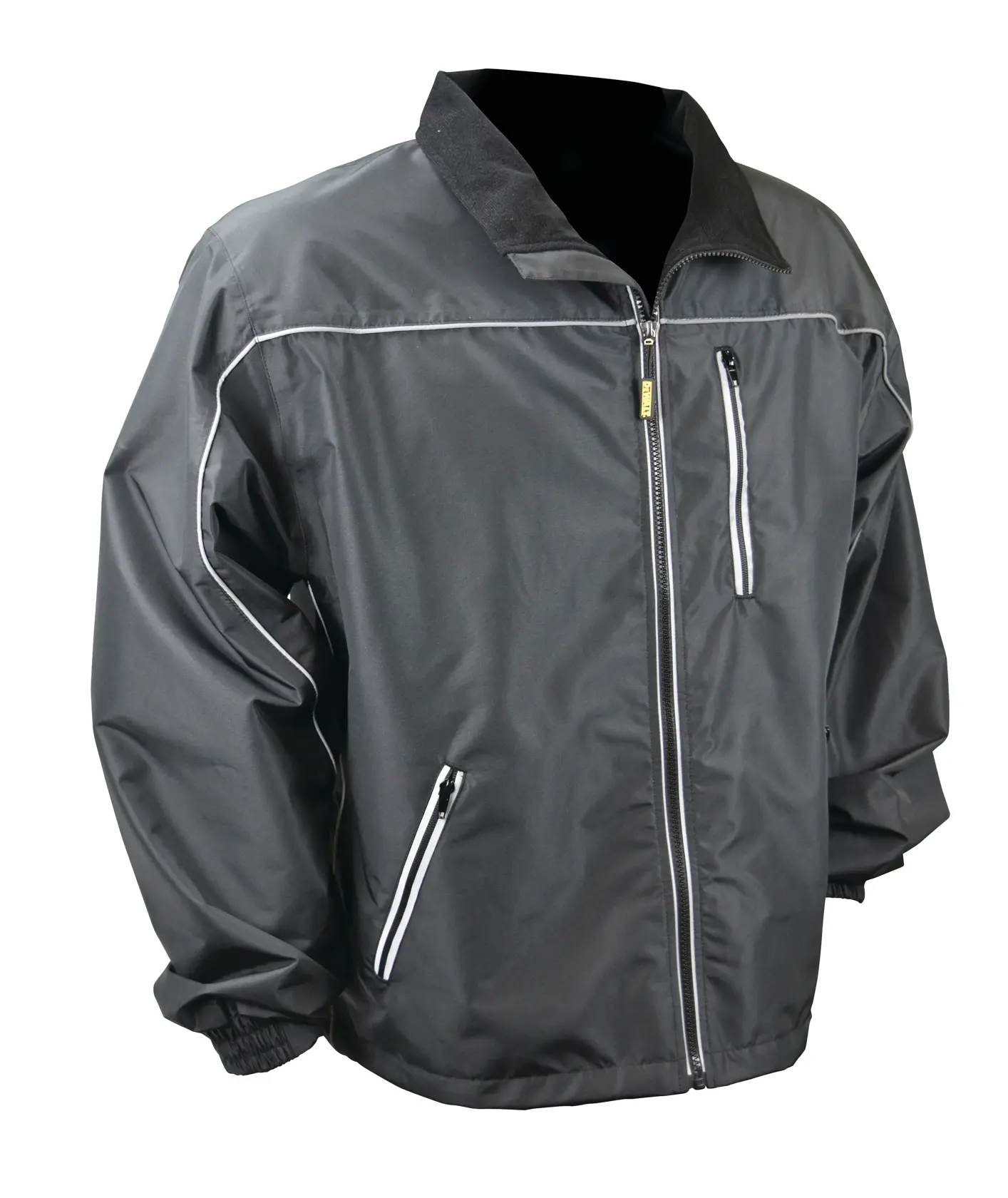 A black zip-up jacket with a collar, featuring white piping details on the pockets and chest. The jacket has elastic cuffs and two front pockets with zippers. It is shown on a plain white background.