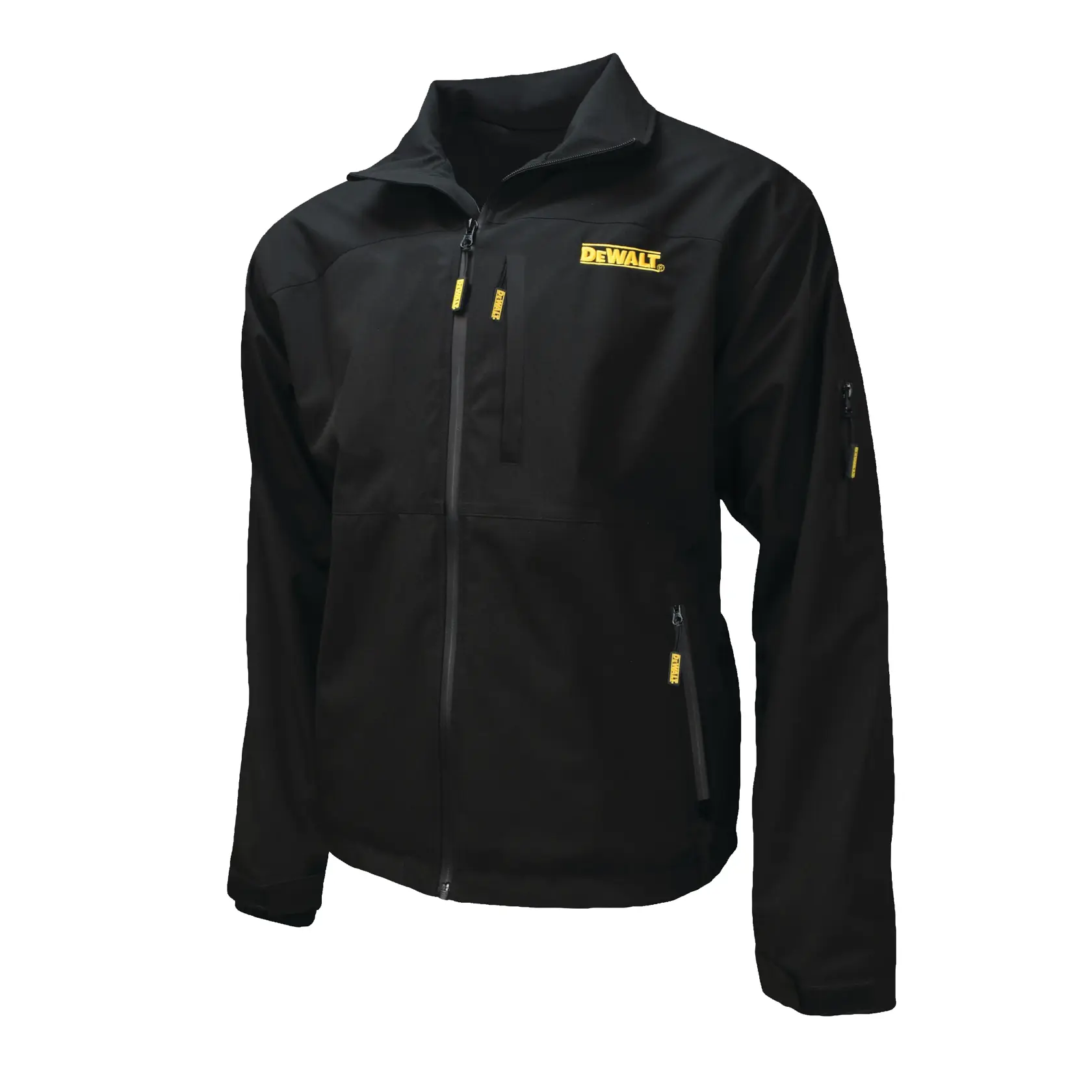 A black DEWALT branded jacket with yellow zipper tags, featuring a front zipper, multiple pockets, and a high collar.