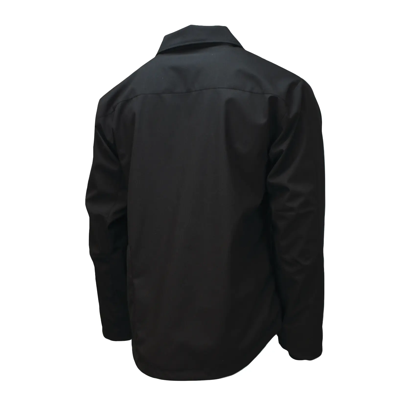 A black jacket shown from the back against a white background.