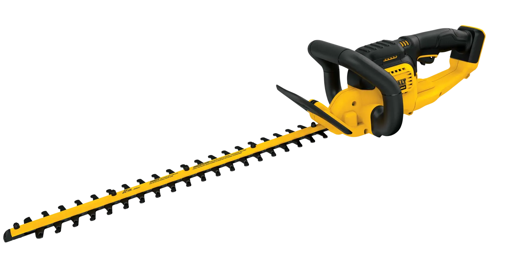 A yellow and black DEWALT cordless hedge trimmer with a long blade and ergonomic handle, shown against a white background.