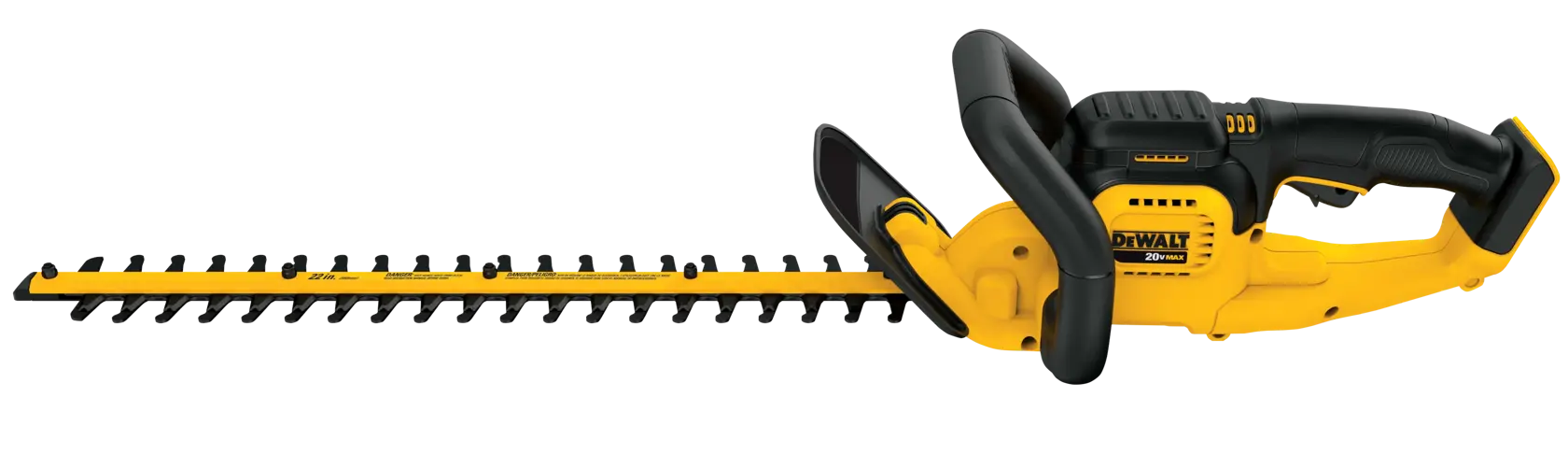 A yellow and black DEWALT cordless hedge trimmer with a long blade and ergonomic handle, model DCHT820B, displayed on a white background.