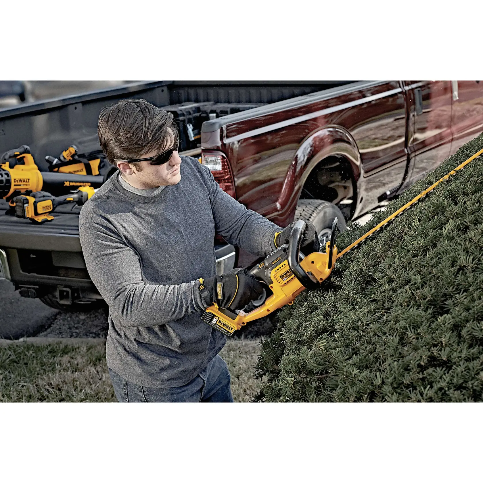 A person wearing gloves and a long-sleeve shirt is using a DEWALT cordless hedge trimmer to trim a large bush. There are several DEWALT power tools visible in the back of a pickup truck parked nearby. The person's face is blurred.