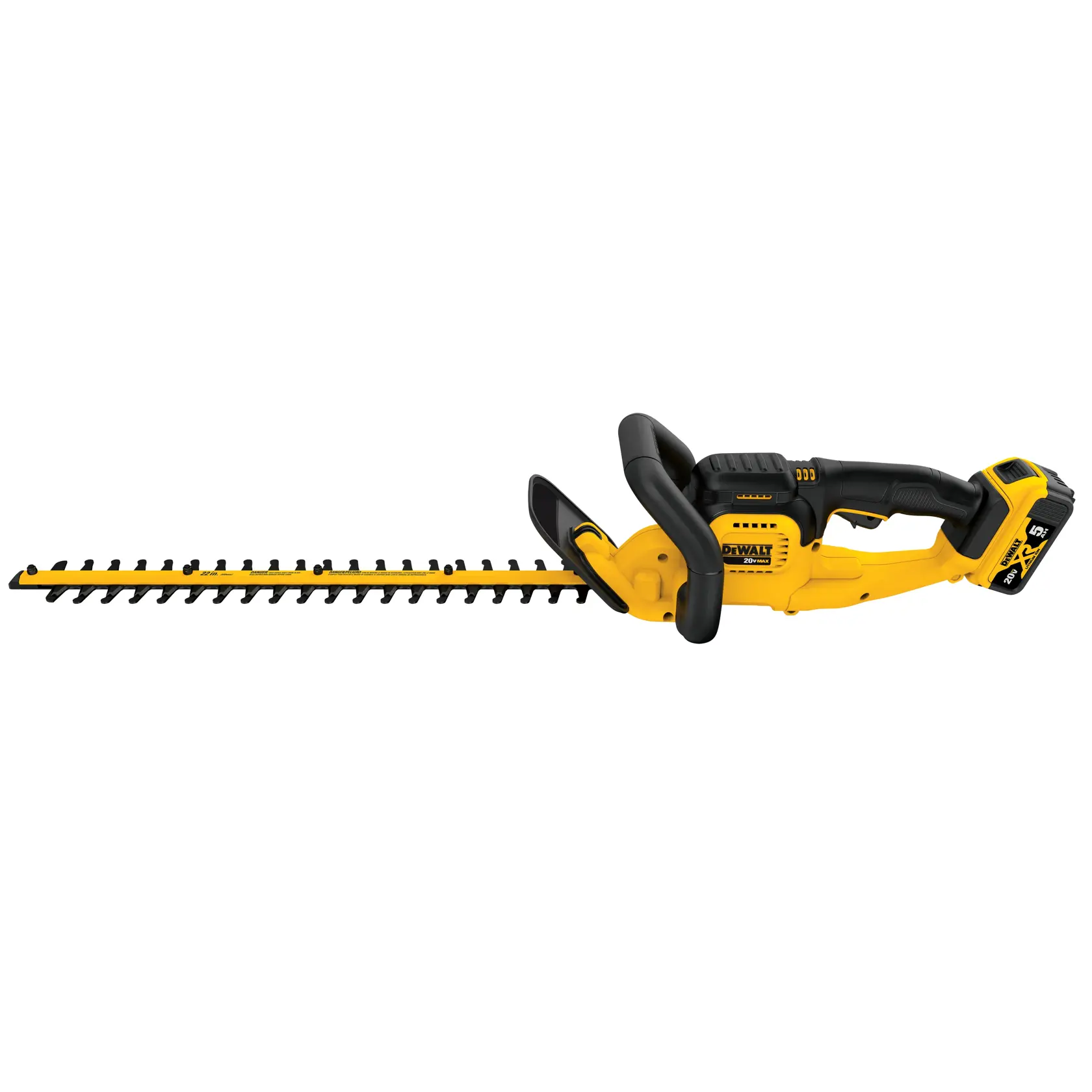 A cordless yellow and black hedge trimmer with a battery pack, designed for trimming bushes and hedges.