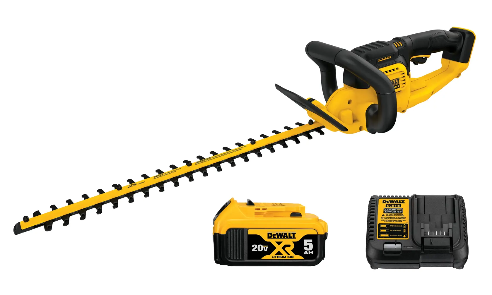 A yellow and black DEWALT cordless hedge trimmer with a long blade, shown with a 20V lithium-ion battery and a battery charger.