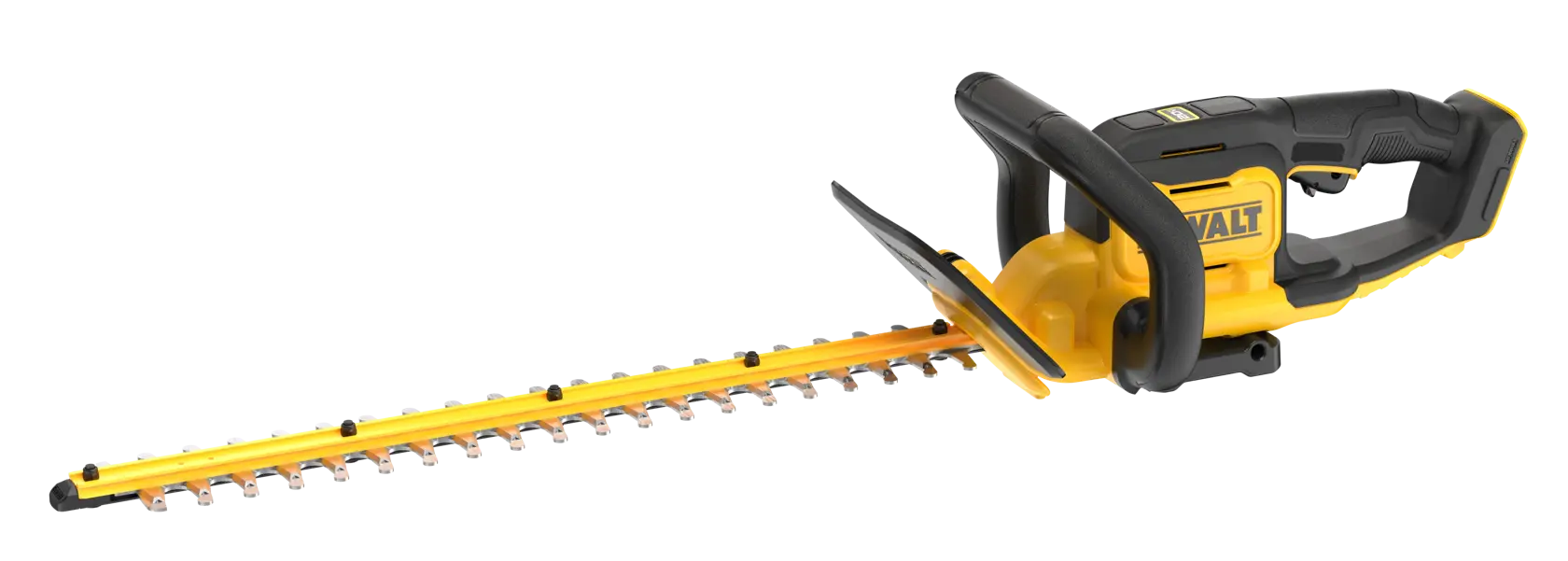 A yellow and black cordless hedge trimmer with an ergonomic handle, manufactured by DEWALT. The tool has a long blade designed for cutting hedges.