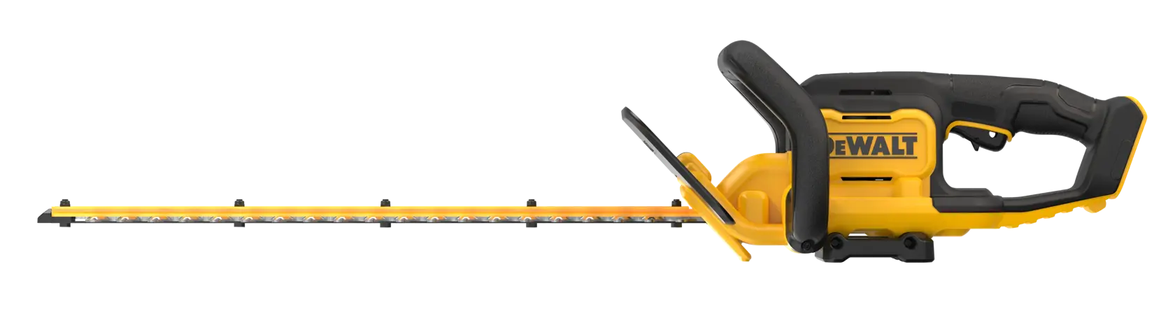 Cordless yellow and black hedge trimmer with a long blade, handle, and protective guard, branded DEWALT.