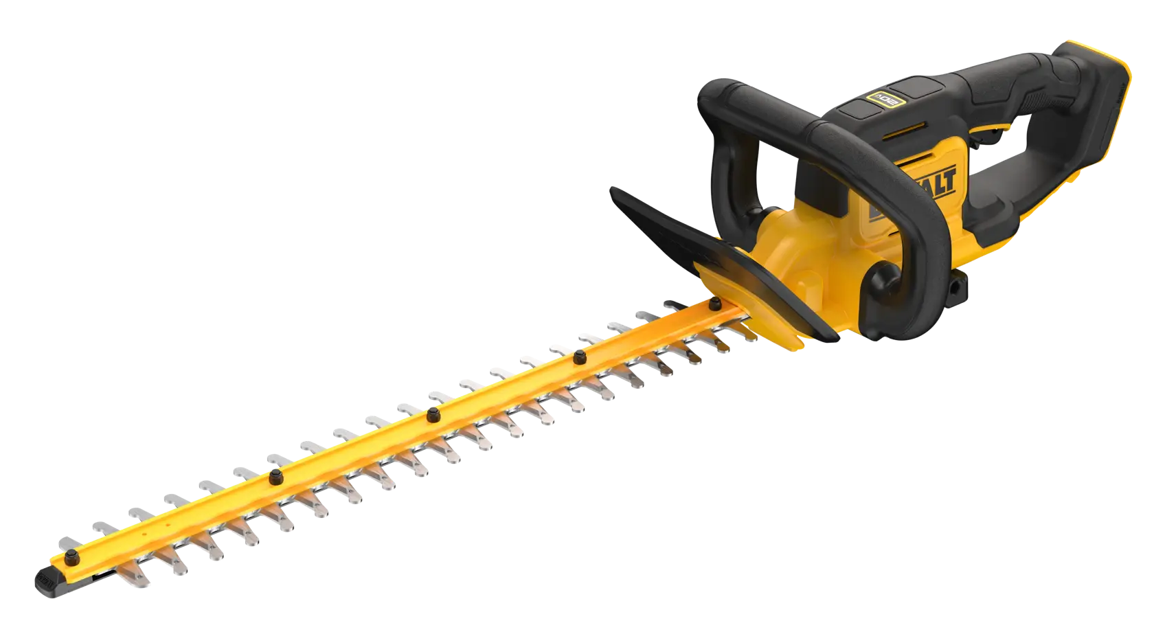 A yellow and black cordless hedge trimmer from DEWALT, featuring an ergonomic handle and a long dual-action blade.