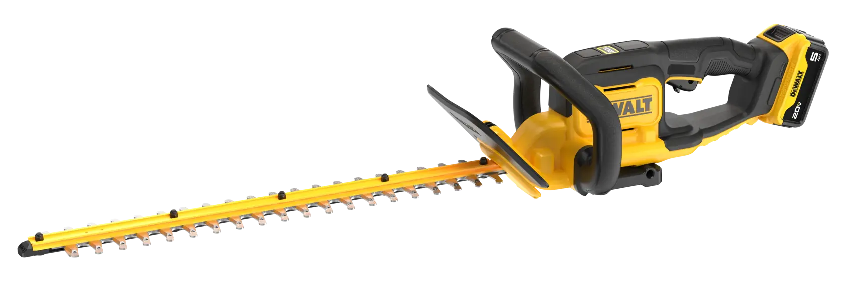 A yellow and black cordless hedge trimmer with a safety guard and ergonomic handle, branded DEWALT.