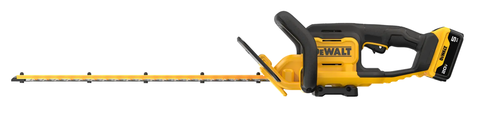 A yellow and black DEWALT cordless hedge trimmer with a long blade and ergonomic handle, shown from the side.