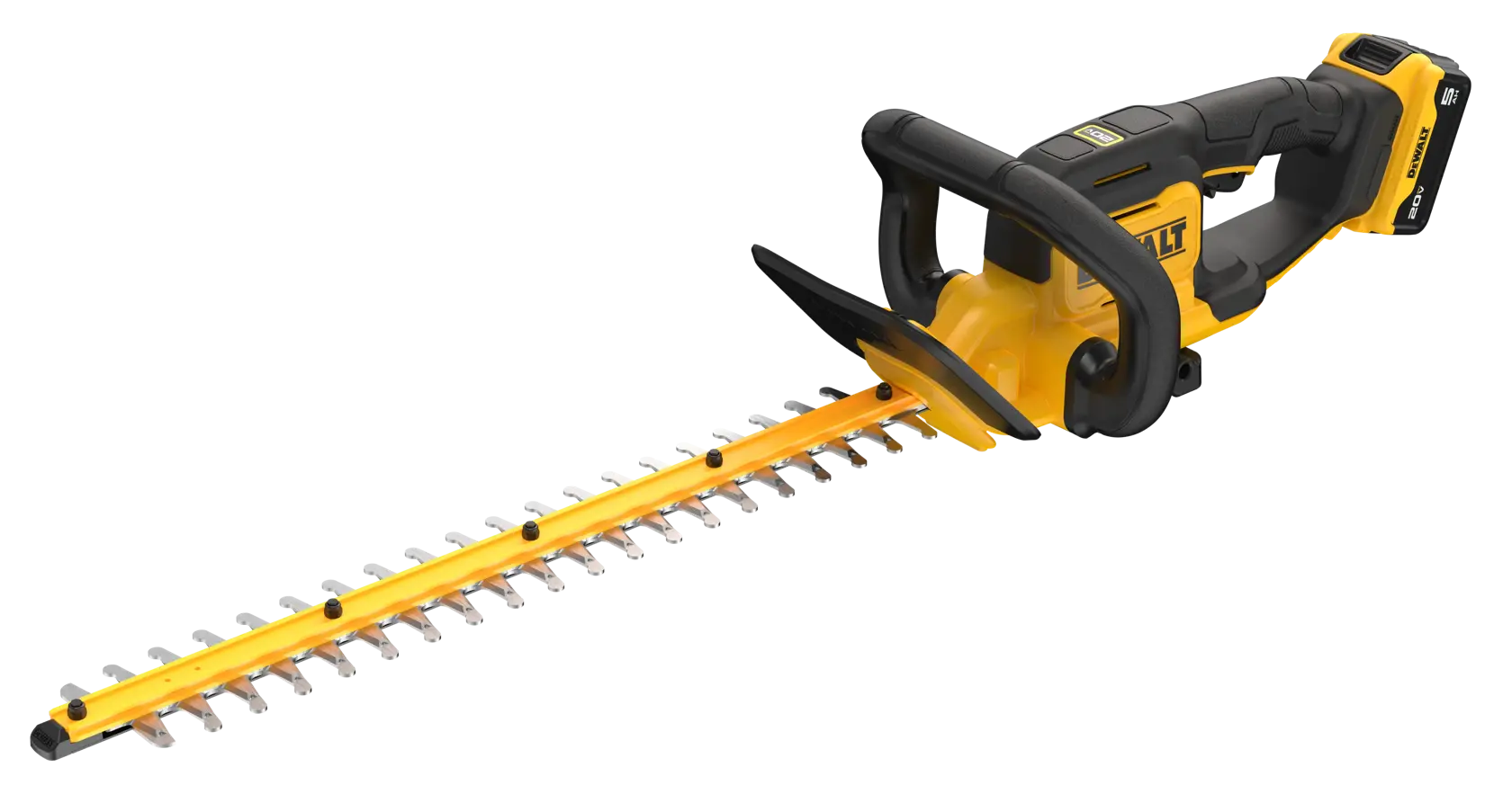 A cordless electric hedge trimmer with a yellow and black design, featuring a long blade and ergonomic handle. The trimmer is branded with DEWALT and has a battery attached at the end.