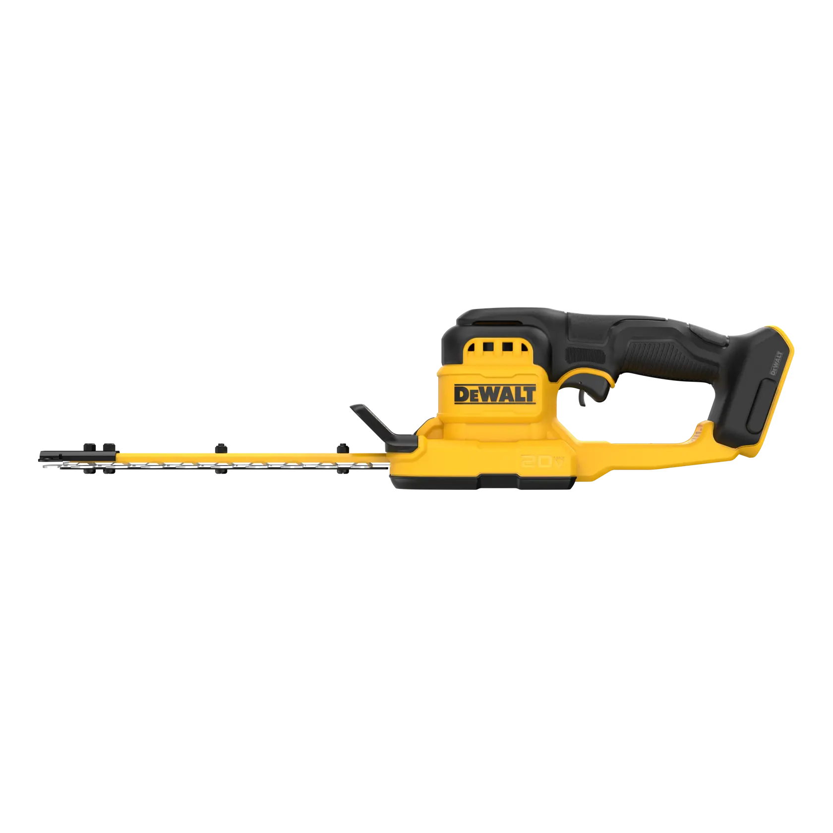 A DEWALT cordless hedge trimmer with a yellow and black body, featuring a long cutting blade and ergonomic handle.