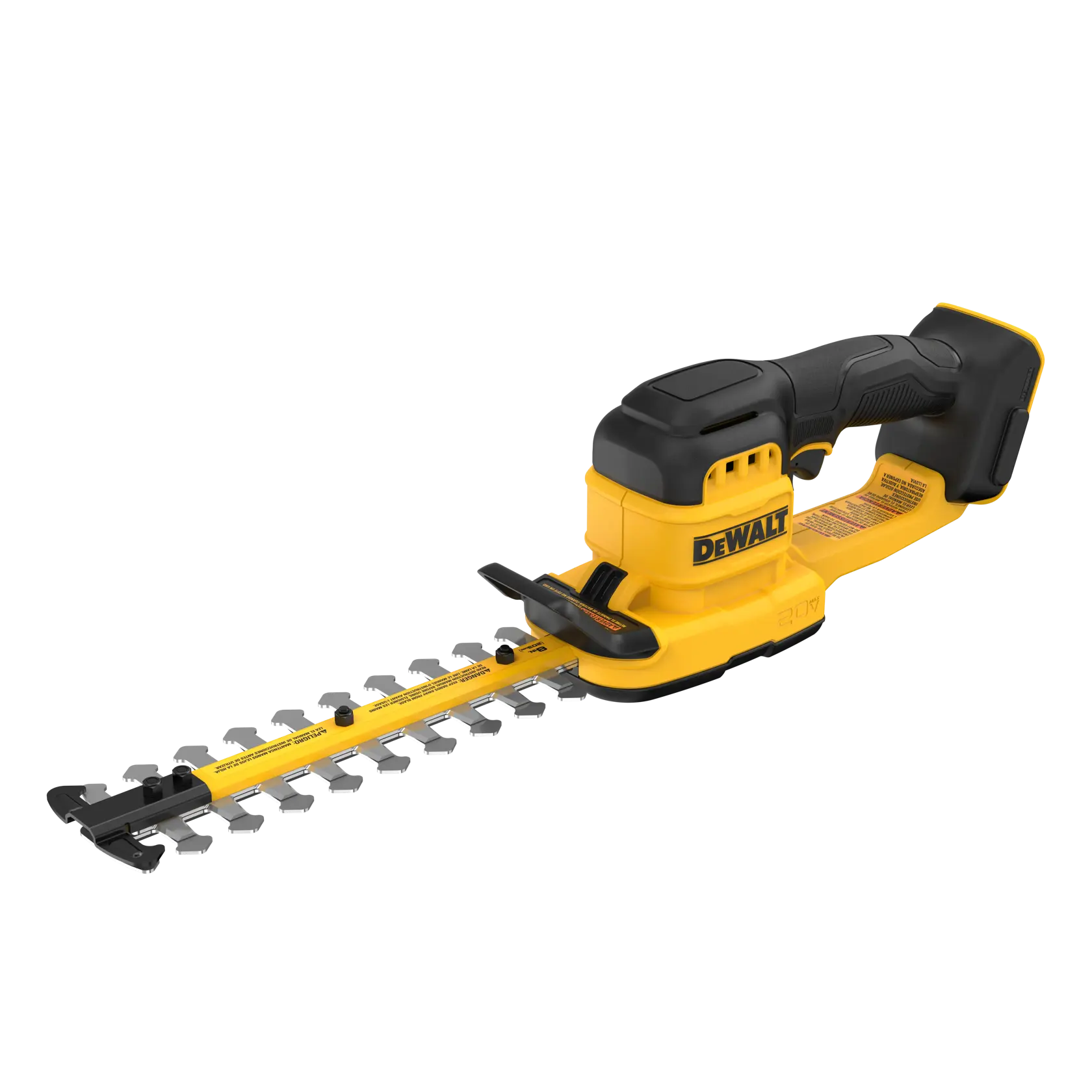 A yellow and black DEWALT cordless hedge trimmer with a 20V battery slot and dual-action blade, shown against a white background.