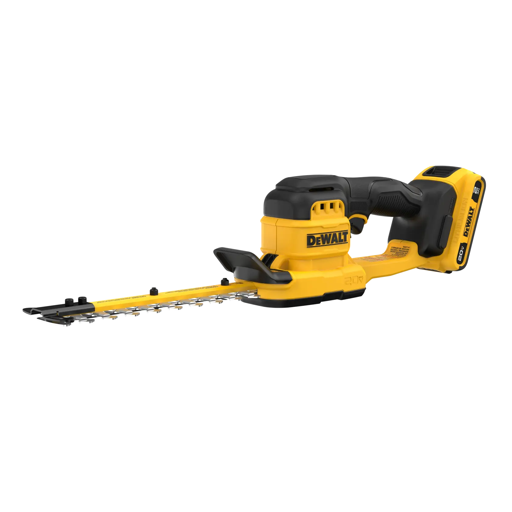 A DEWALT cordless hedge trimmer with a yellow and black design, featuring a long cutting blade and ergonomic handle.