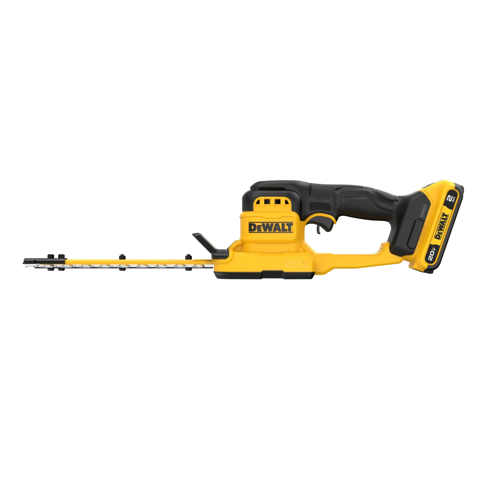 A DEWALT 20V cordless hedge trimmer with a yellow and black design, featuring a battery pack and ergonomic handle.