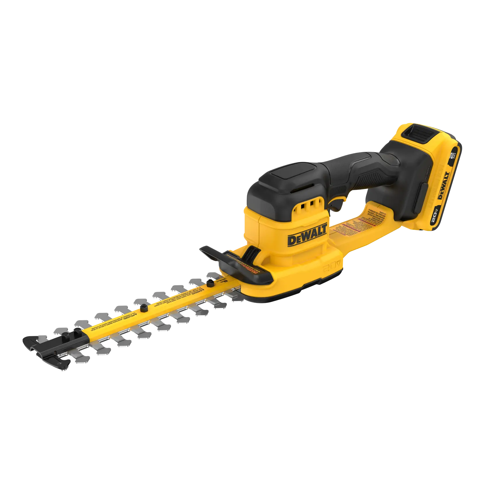 A DEWALT 20V cordless hedge trimmer with a yellow and black design, featuring a battery attached at the handle end, and sharp dual-action blades for trimming hedges.