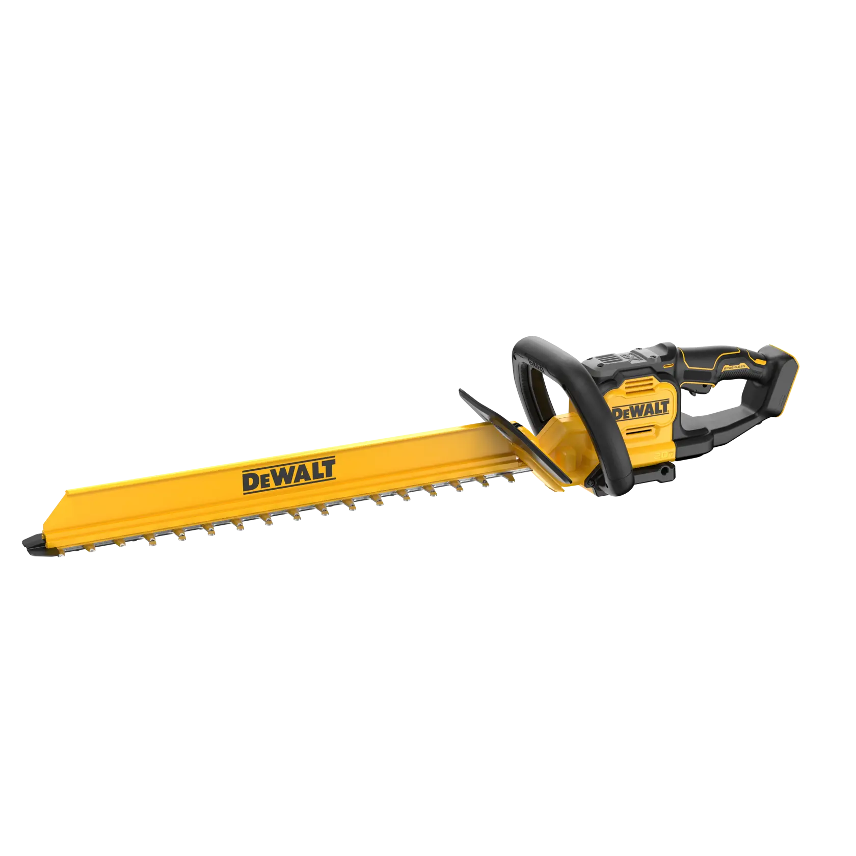 A DEWALT cordless hedge trimmer with a yellow and black body, featuring a long blade with protective cover and ergonomic handle.
