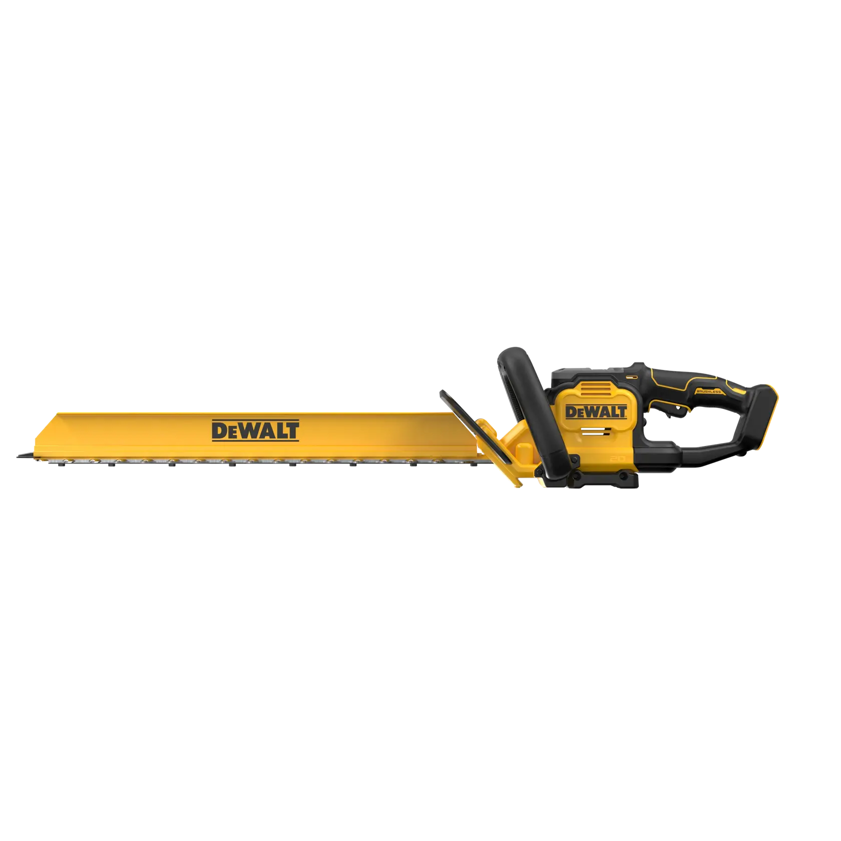 A DEWALT cordless hedge trimmer with a long yellow blade and black handle, shown in a side view against a white background.