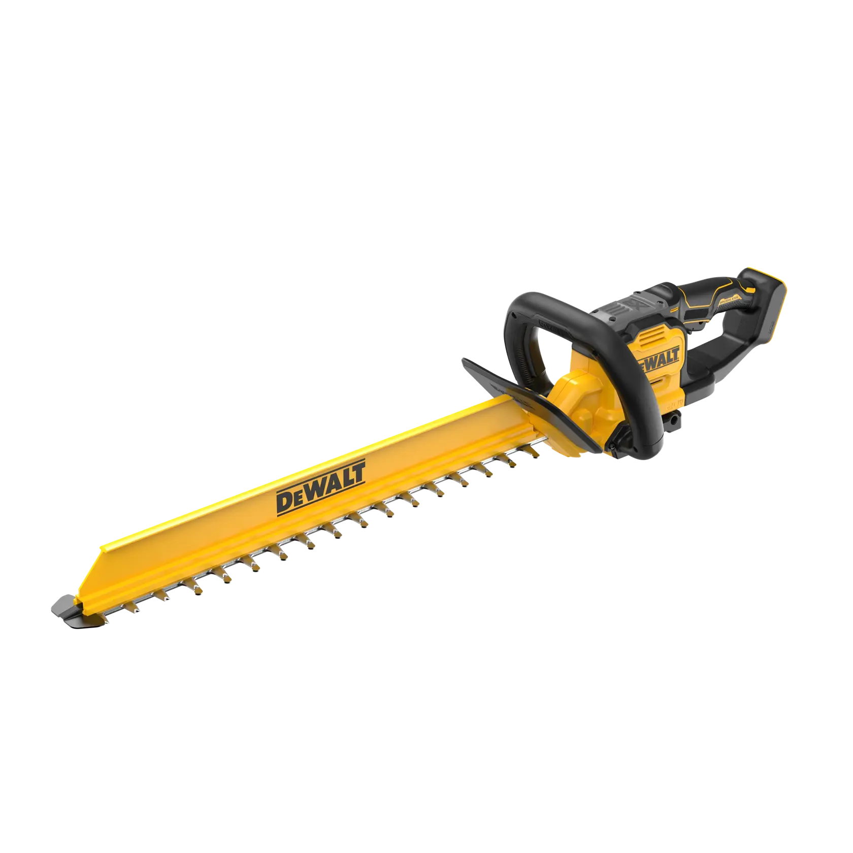 A DEWALT cordless hedge trimmer with a yellow and black design, featuring a long blade and ergonomic handle.