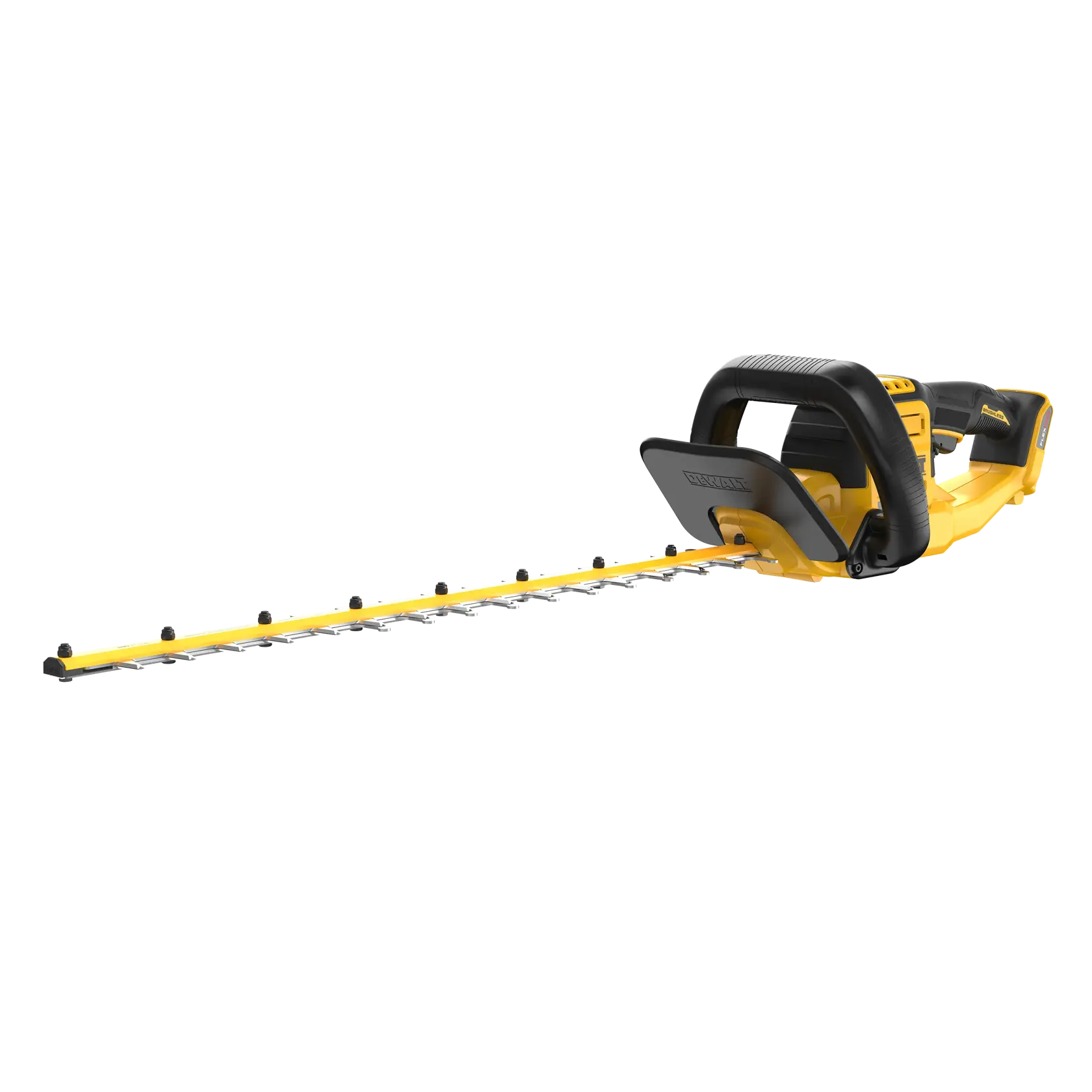 A yellow and black DEWALT cordless hedge trimmer with a long blade and ergonomic handle, model DCHT870B, shown on a white background.