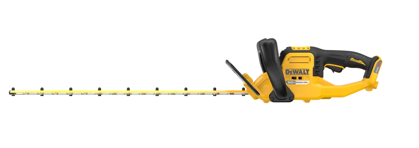 A DEWALT cordless hedge trimmer with a yellow and black body and a long dual-action blade.