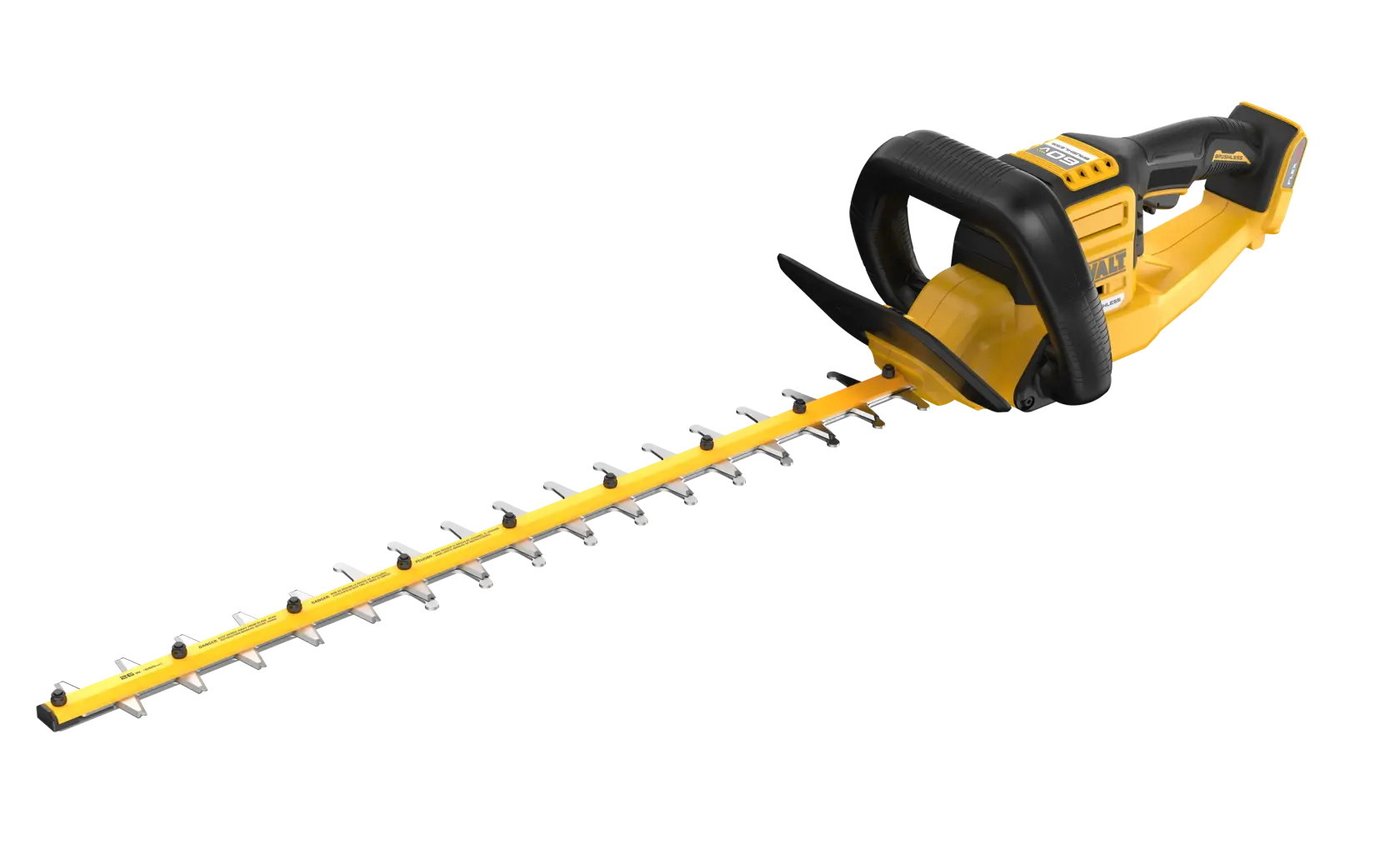 A yellow and black DEWALT cordless hedge trimmer with a long cutting blade and ergonomic handle, model DCHT870B, shown on a white background.