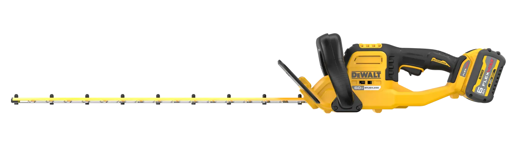 A DEWALT cordless hedge trimmer with a yellow and black design, featuring a long blade and ergonomic handle. The battery is attached at the end of the tool.