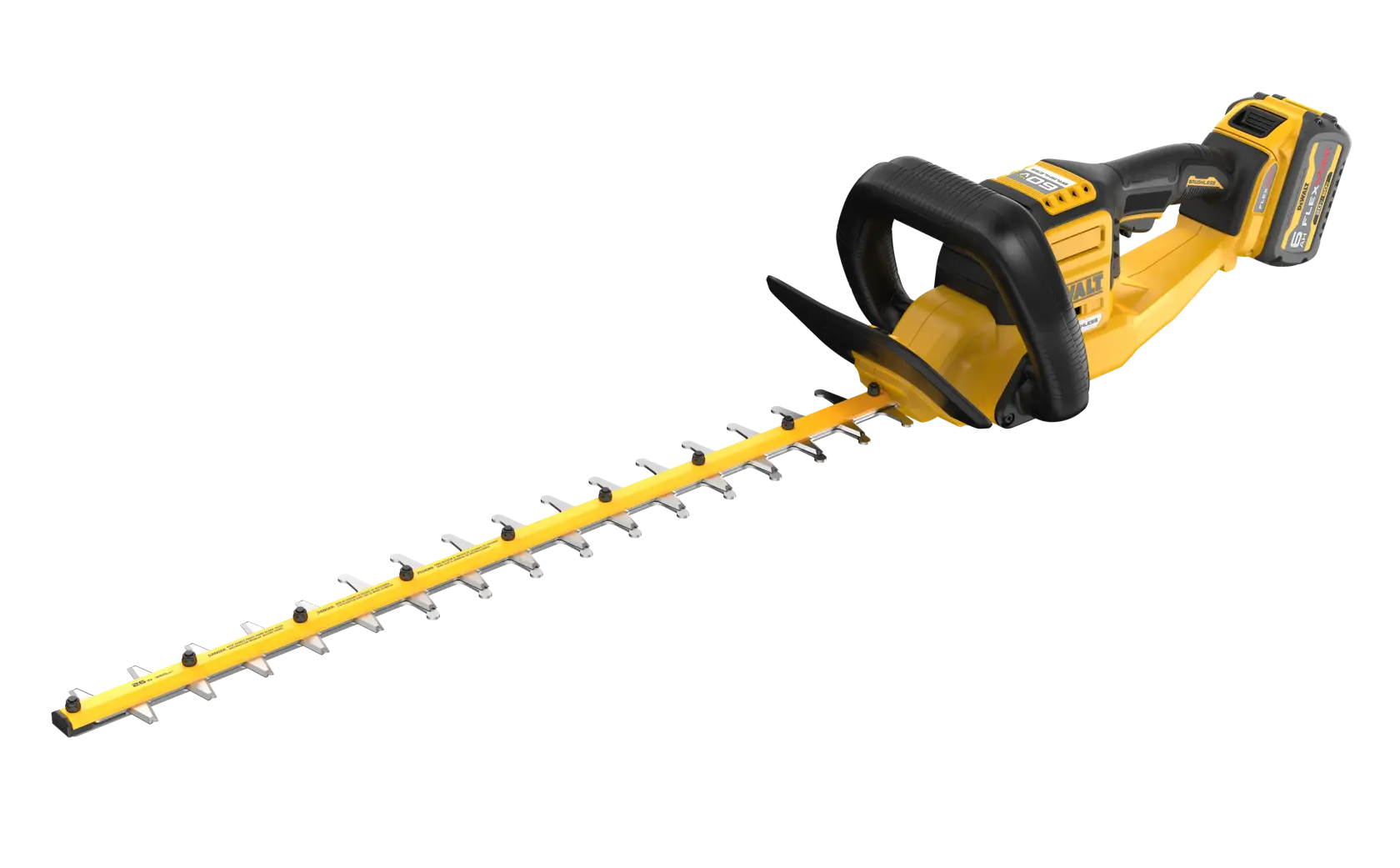 A yellow and black cordless hedge trimmer with a long blade and ergonomic handle, featuring a DEWALT battery pack attached at the rear.