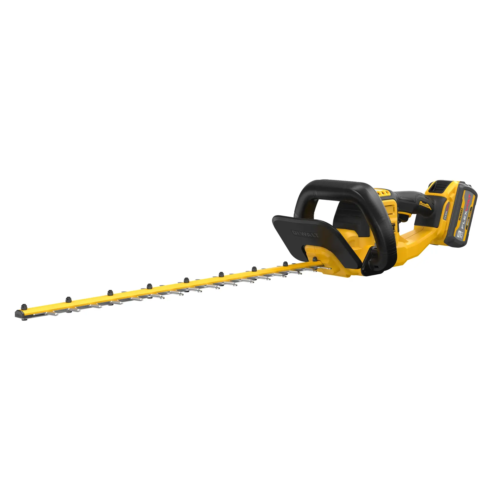 A yellow and black cordless hedge trimmer with a long cutting blade and a handle, designed for trimming bushes and hedges.