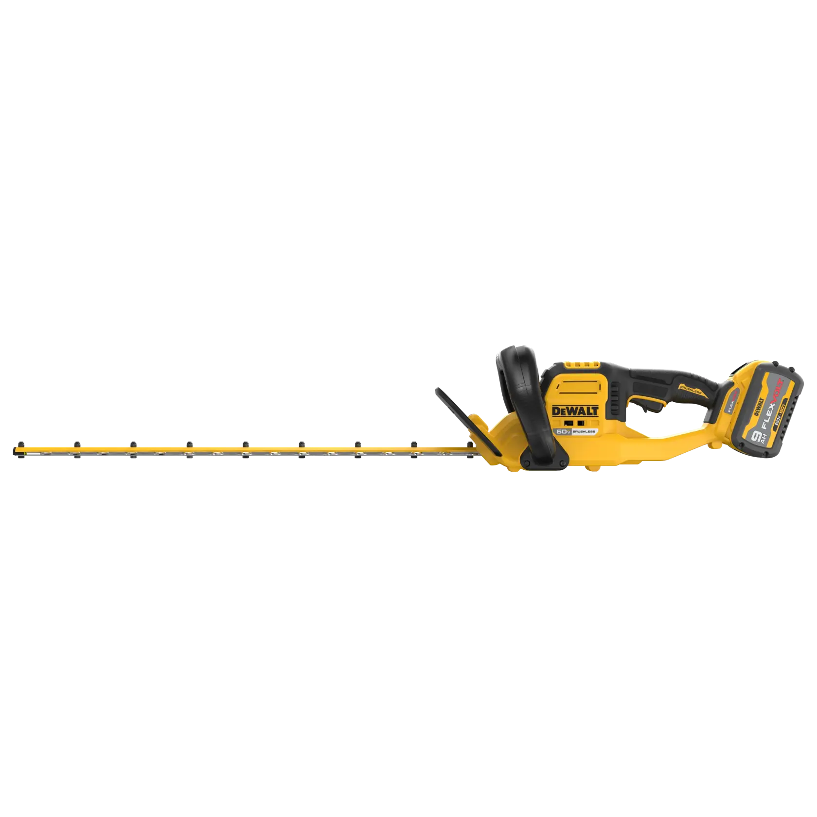 A yellow and black cordless hedge trimmer with a long blade, manufactured by DeWalt. The trimmer has a visible battery pack attached to the handle.