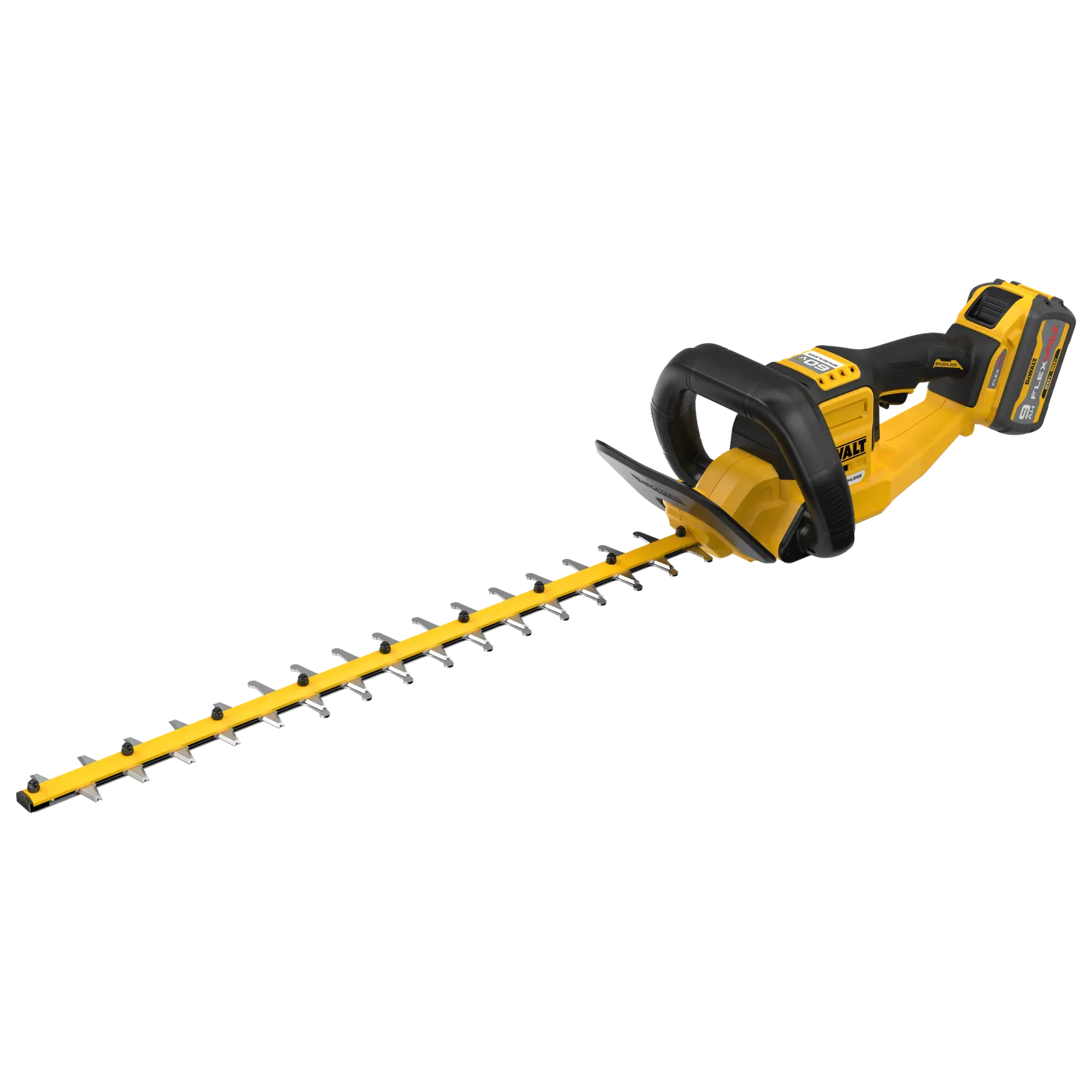 A yellow and black cordless hedge trimmer with a long blade and a handle, designed for trimming bushes and hedges.