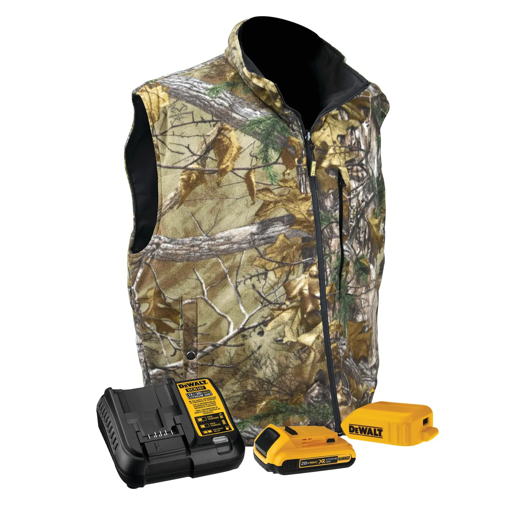 DEWALT camo heated vest kit including a camouflage-patterned vest, a black battery charger, and two yellow batteries.