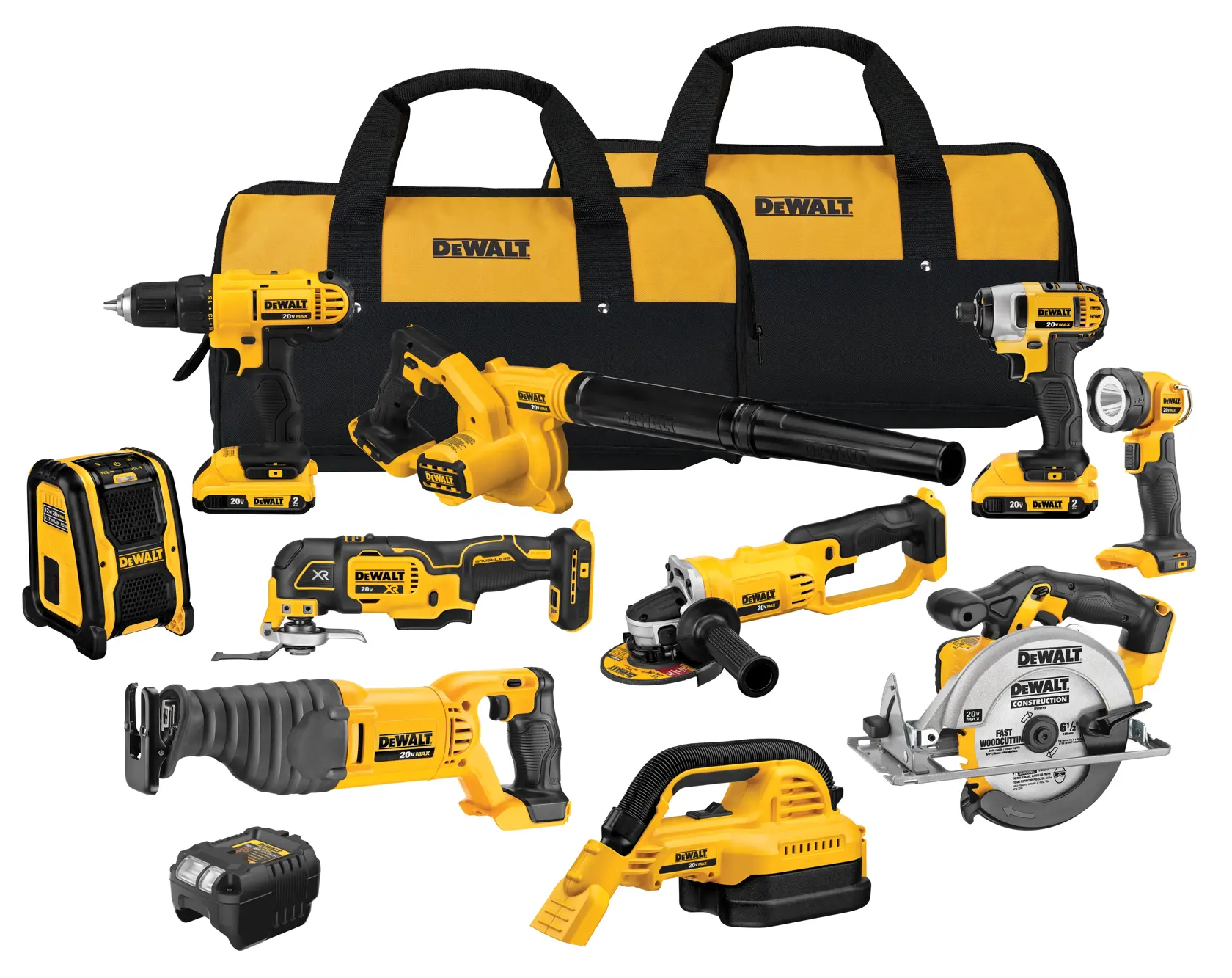 A set of yellow and black DEWALT power tools including a drill, blower, speaker, reciprocating saw, grinder, impact driver, flashlight, multi-tool, vacuum, circular saw, battery, and two carrying bags.