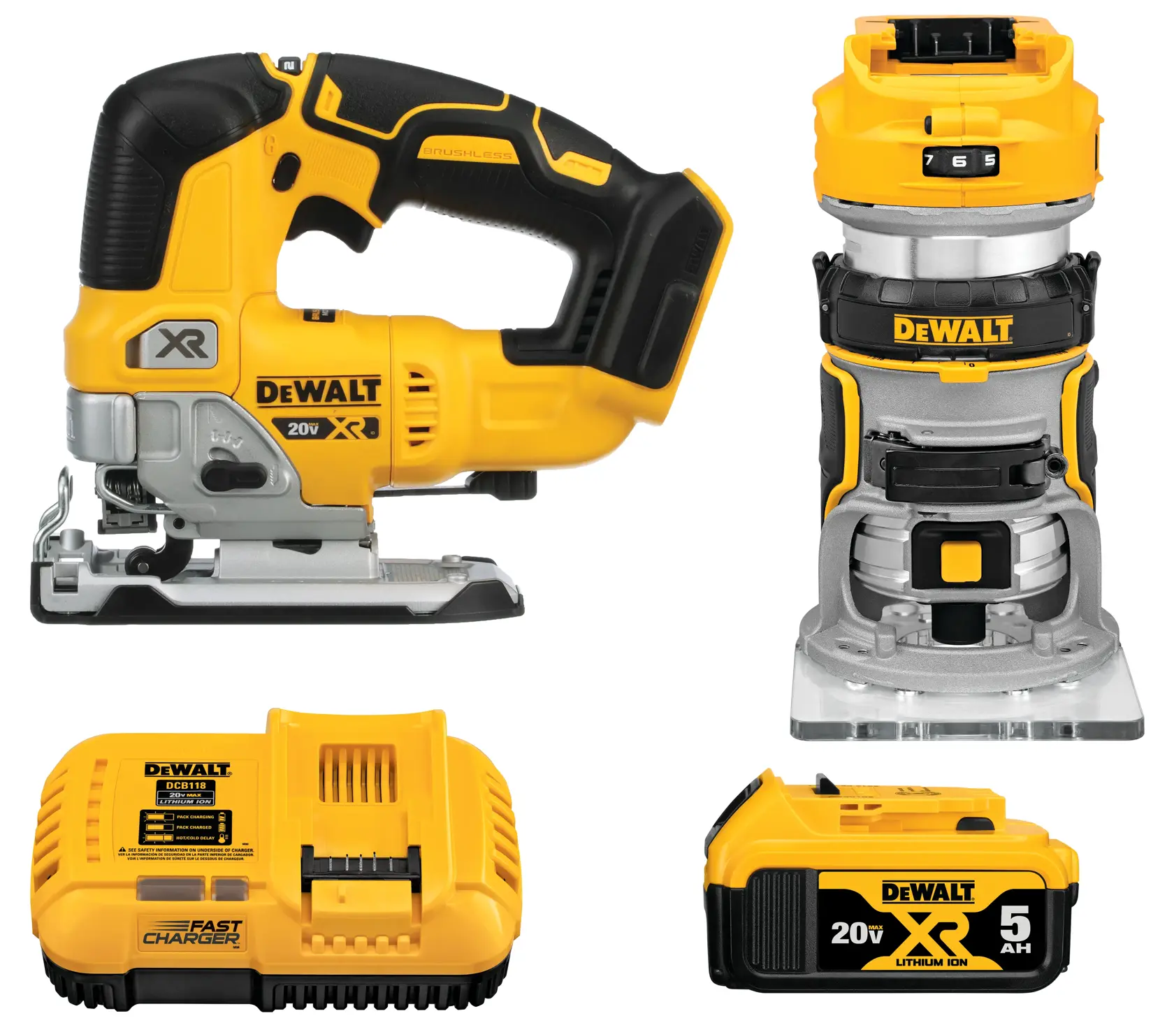 DEWALT power tool set including a cordless jigsaw, a cordless compact router, a fast battery charger, and a 20V XR 5Ah lithium-ion battery. The tools are yellow and black with DEWALT branding.