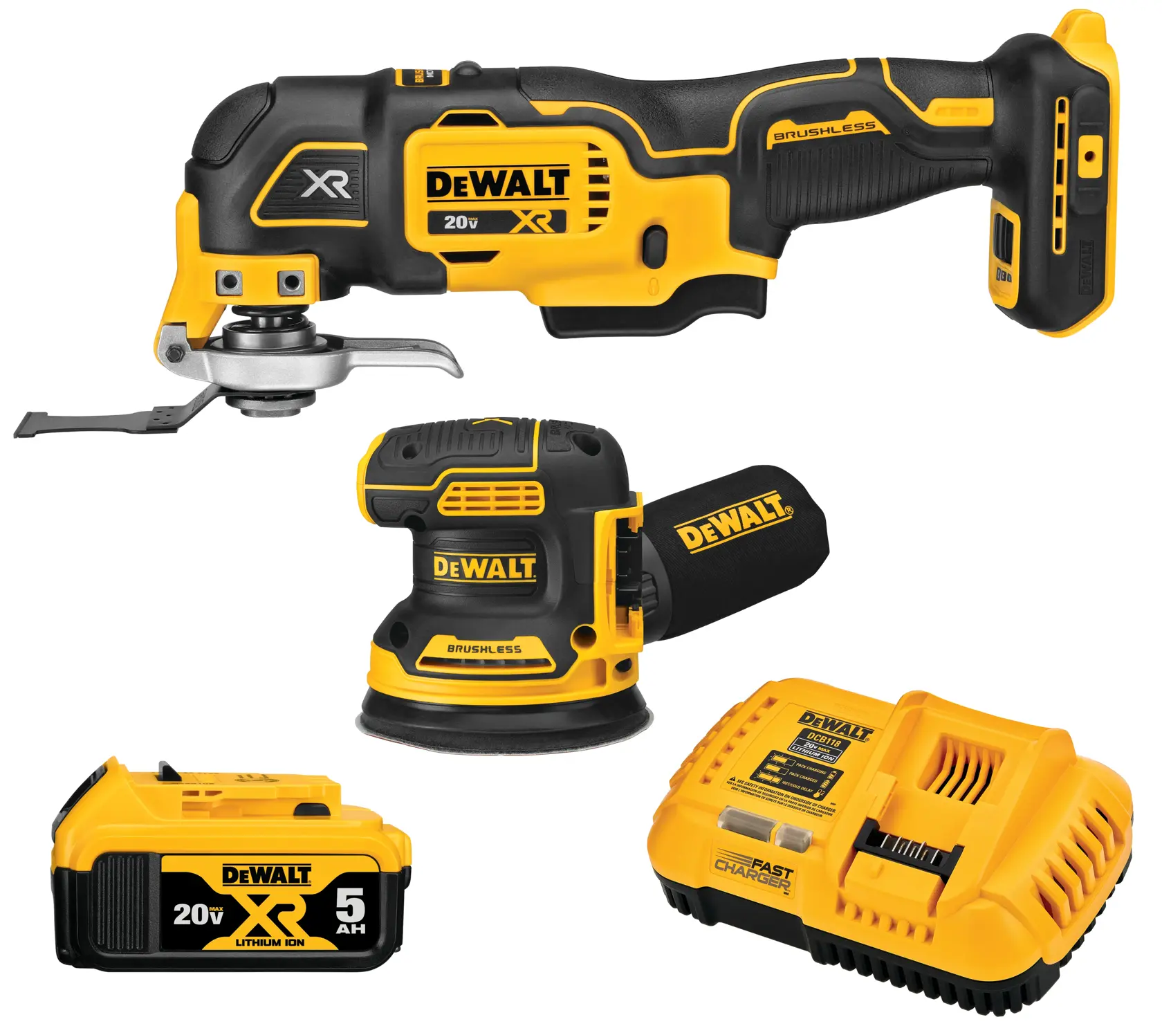 A DEWALT cordless tool set including an oscillating multi-tool, a random orbital sander, a 20V XR lithium-ion battery, and a fast charger. All items are yellow and black with DEWALT branding.