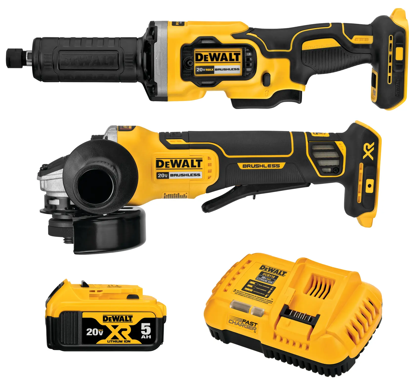 DEWALT 20V Max brushless combo kit featuring a cordless die grinder, angle grinder, 5.0Ah lithium-ion battery, and fast charger. All tools and accessories are shown in yellow and black color.