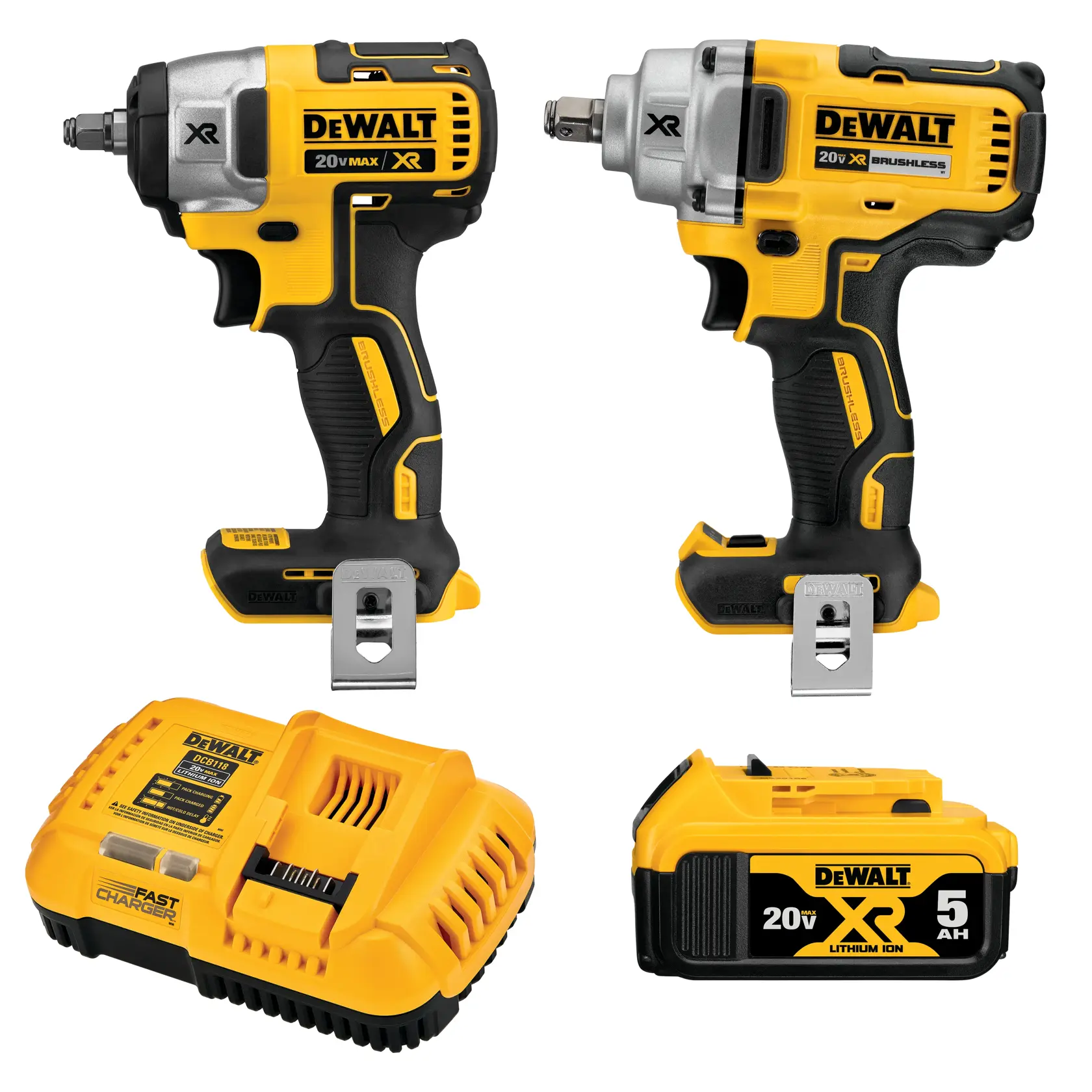 Image showing a DEWALT 20V MAX XR tool kit, including two cordless impact wrenches, a yellow fast charger, and a 20V XR 5Ah lithium-ion battery.