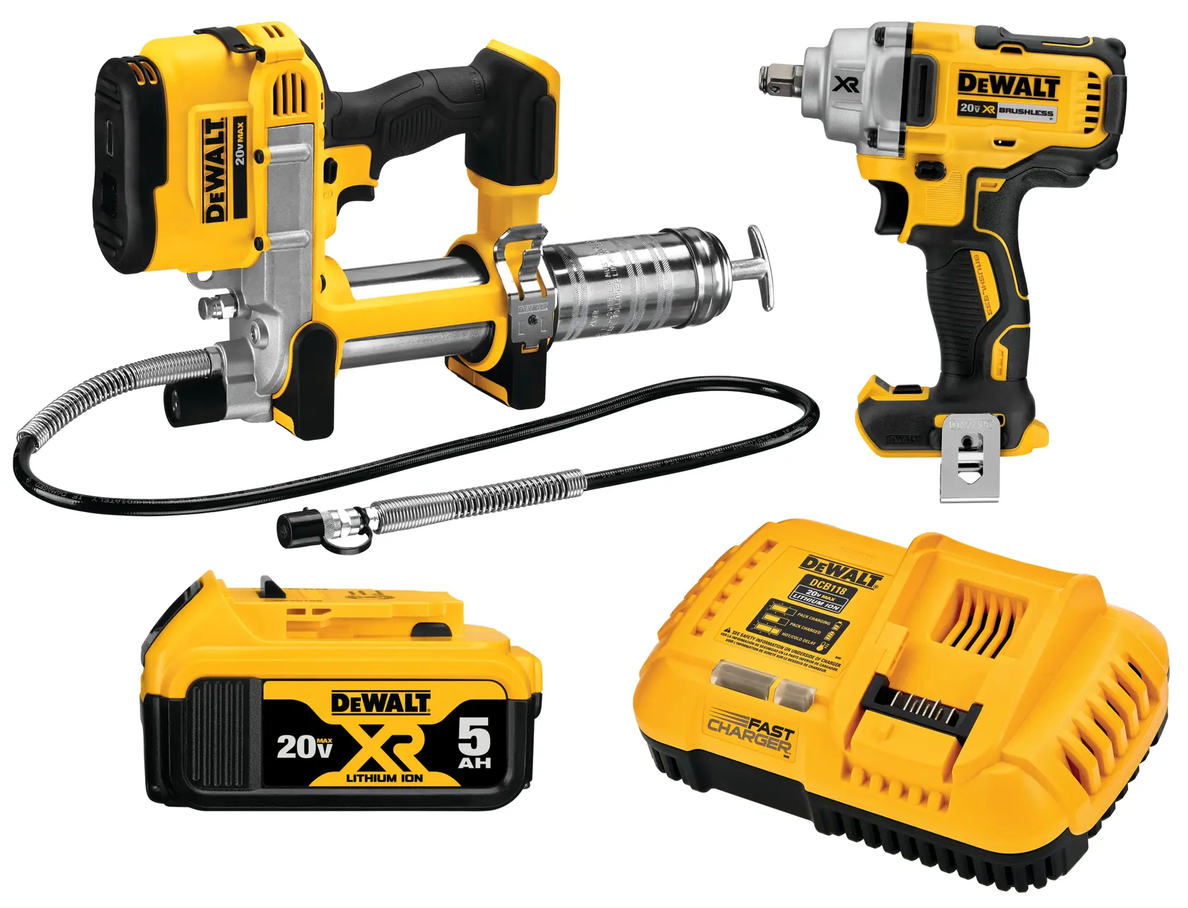 DEWALT tool kit including a cordless grease gun, an impact wrench, a 20V XR lithium-ion battery, and a fast charger. All items are yellow and black with DEWALT branding.