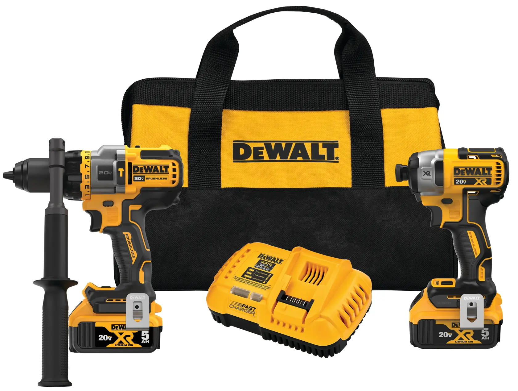 DEWALT tool kit including a yellow and black carrying bag, a cordless drill with handle, a cordless impact driver, two rechargeable batteries, and a battery charger.