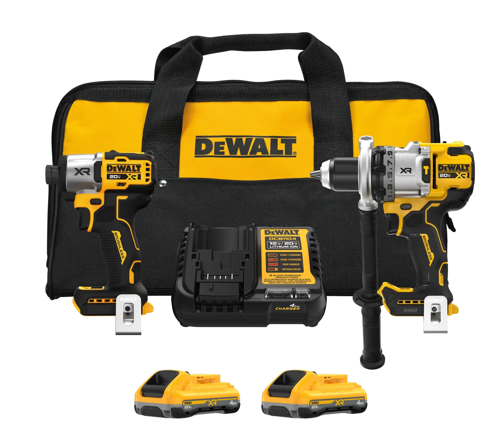 DEWALT 20V XR cordless tool kit including a black and yellow carrying bag, an impact driver, a hammer drill, a battery charger, and two lithium-ion batteries, all displayed with branded logos and accessories.