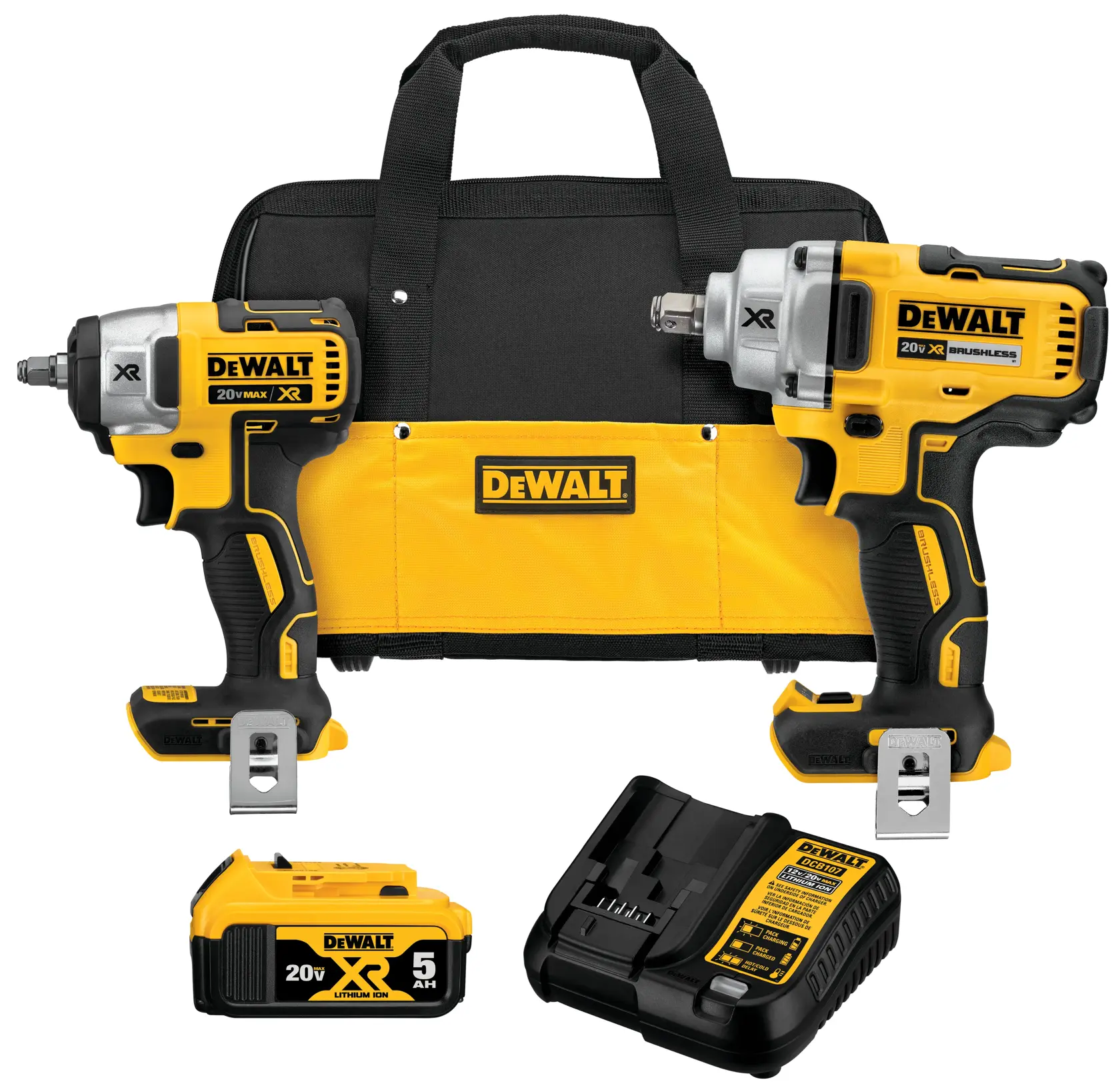 DEWALT 20V MAX XR cordless tool kit including two impact wrenches, a rechargeable lithium-ion battery, a charger, and a black and yellow carrying bag.