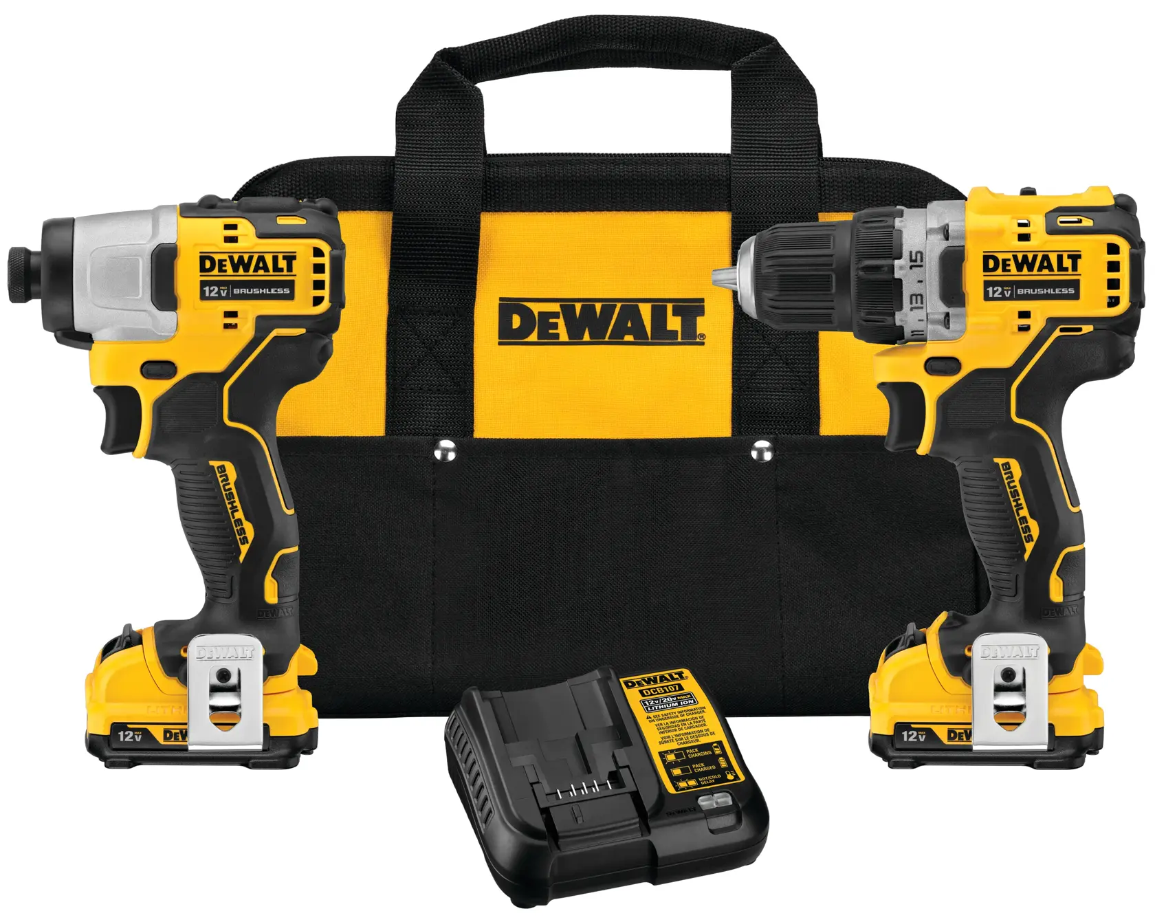 A DEWALT 12V brushless cordless tool kit featuring a yellow and black drill, an impact driver, a battery charger, and a carrying bag with the DEWALT logo.