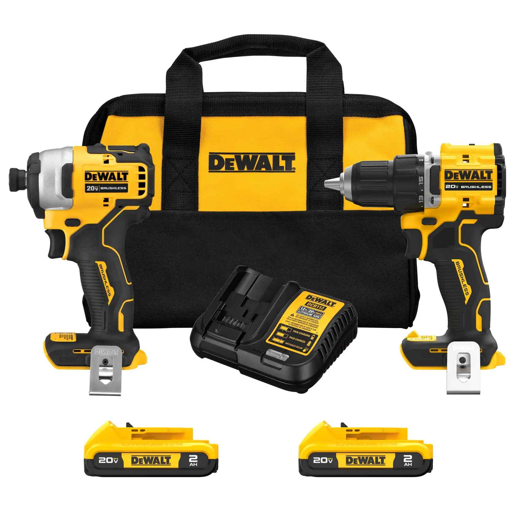 A DEWALT 20V brushless cordless tool kit, featuring a yellow and black carrying bag, an impact driver, a drill, two rechargeable batteries, and a battery charger displayed against a white background.