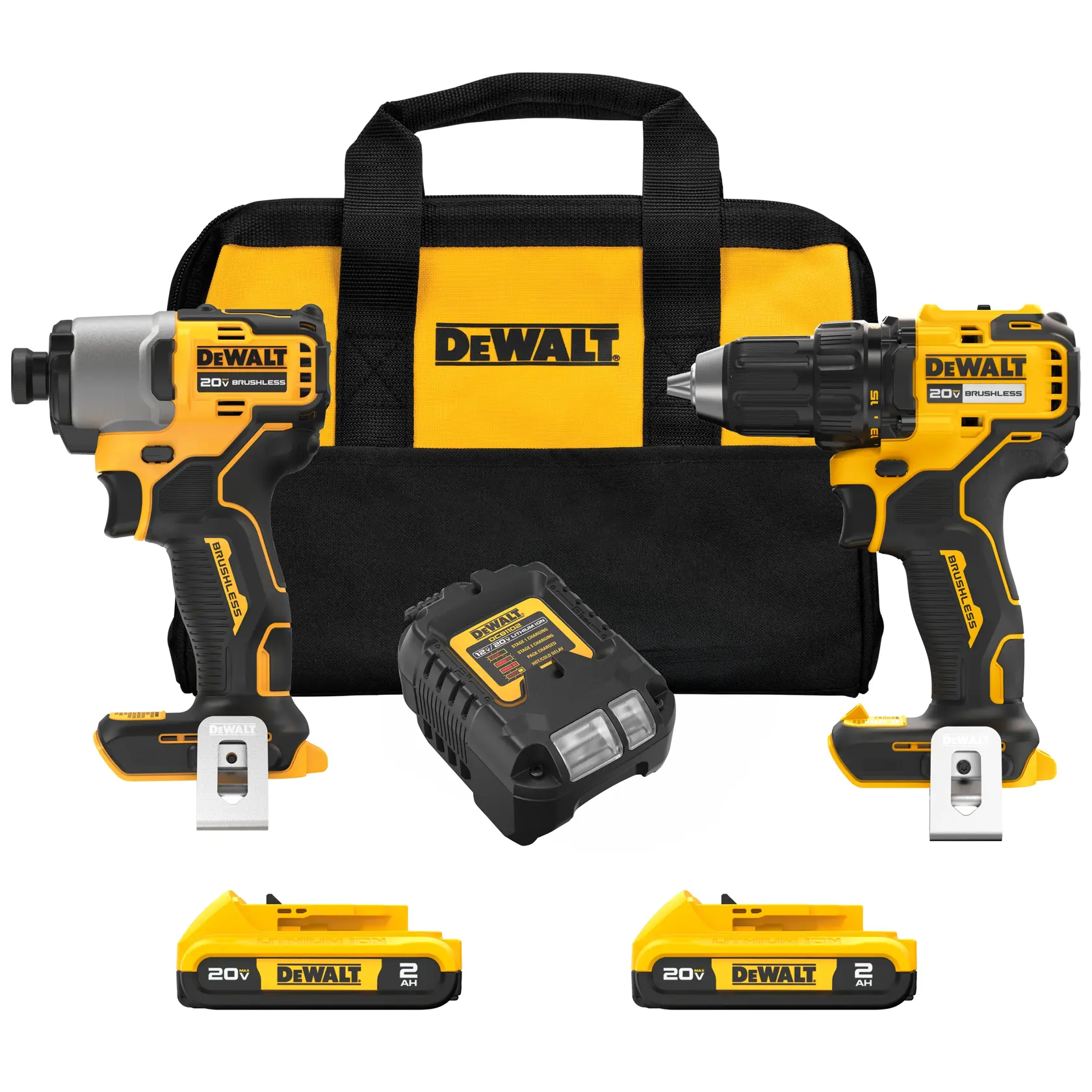 DEWALT cordless tool kit featuring a yellow and black carry bag, a cordless brushless impact driver, a cordless brushless drill, a battery charger, and two 20V lithium-ion batteries.