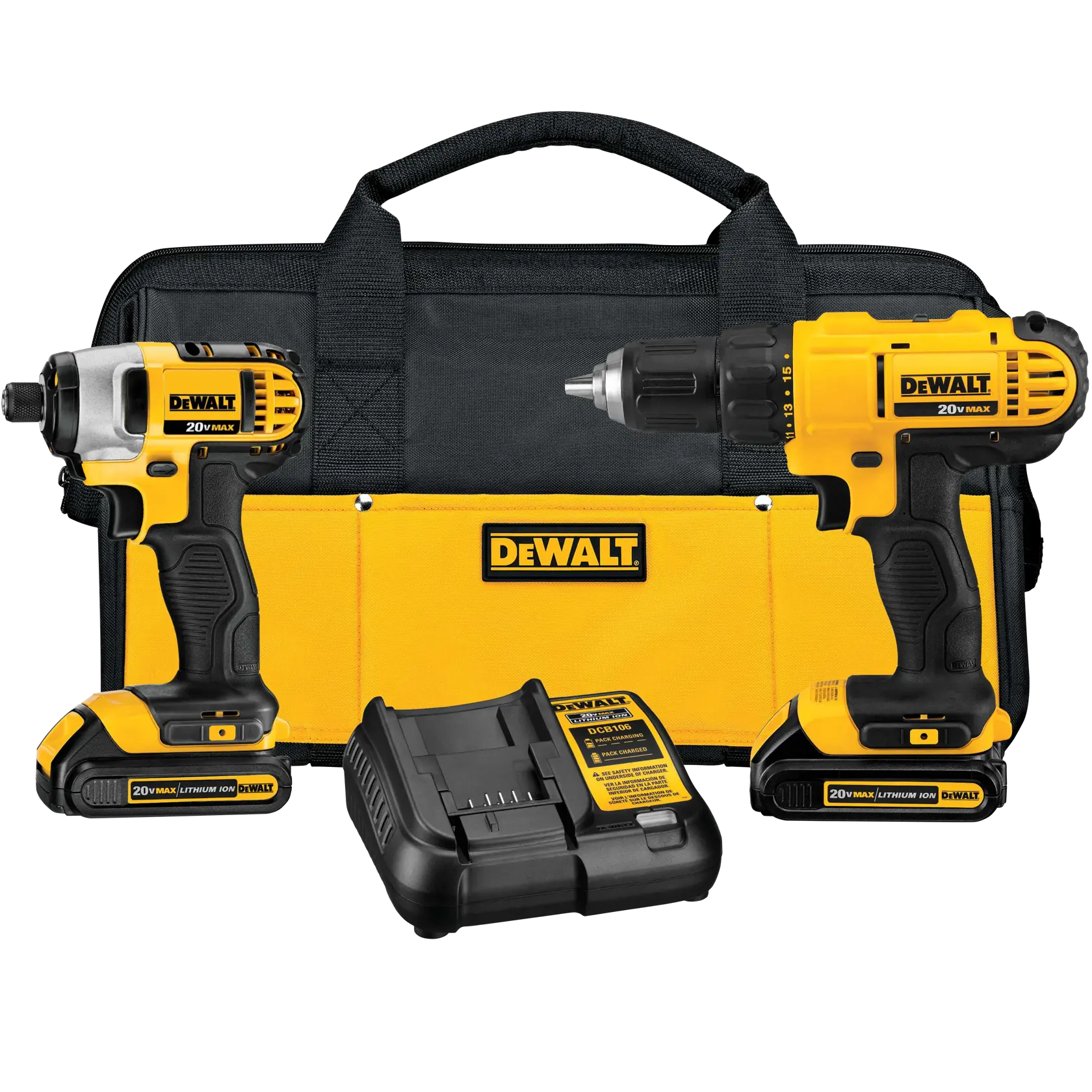 DEWALT 20V Max cordless power tool kit including a drill, impact driver, battery charger, two lithium-ion batteries, and a black and yellow carrying bag.
