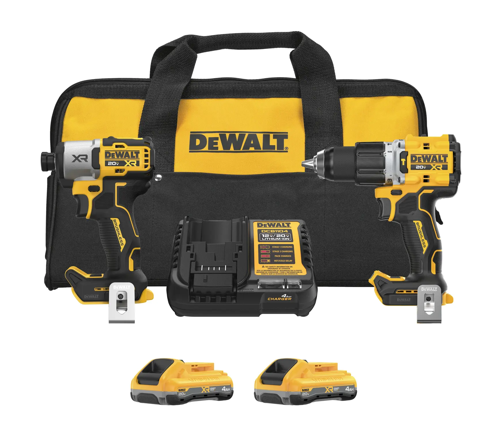 DEWALT 20V XR cordless tool kit including a drill, an impact driver, two batteries, a charger, and a black and yellow carrying bag with DEWALT logo.