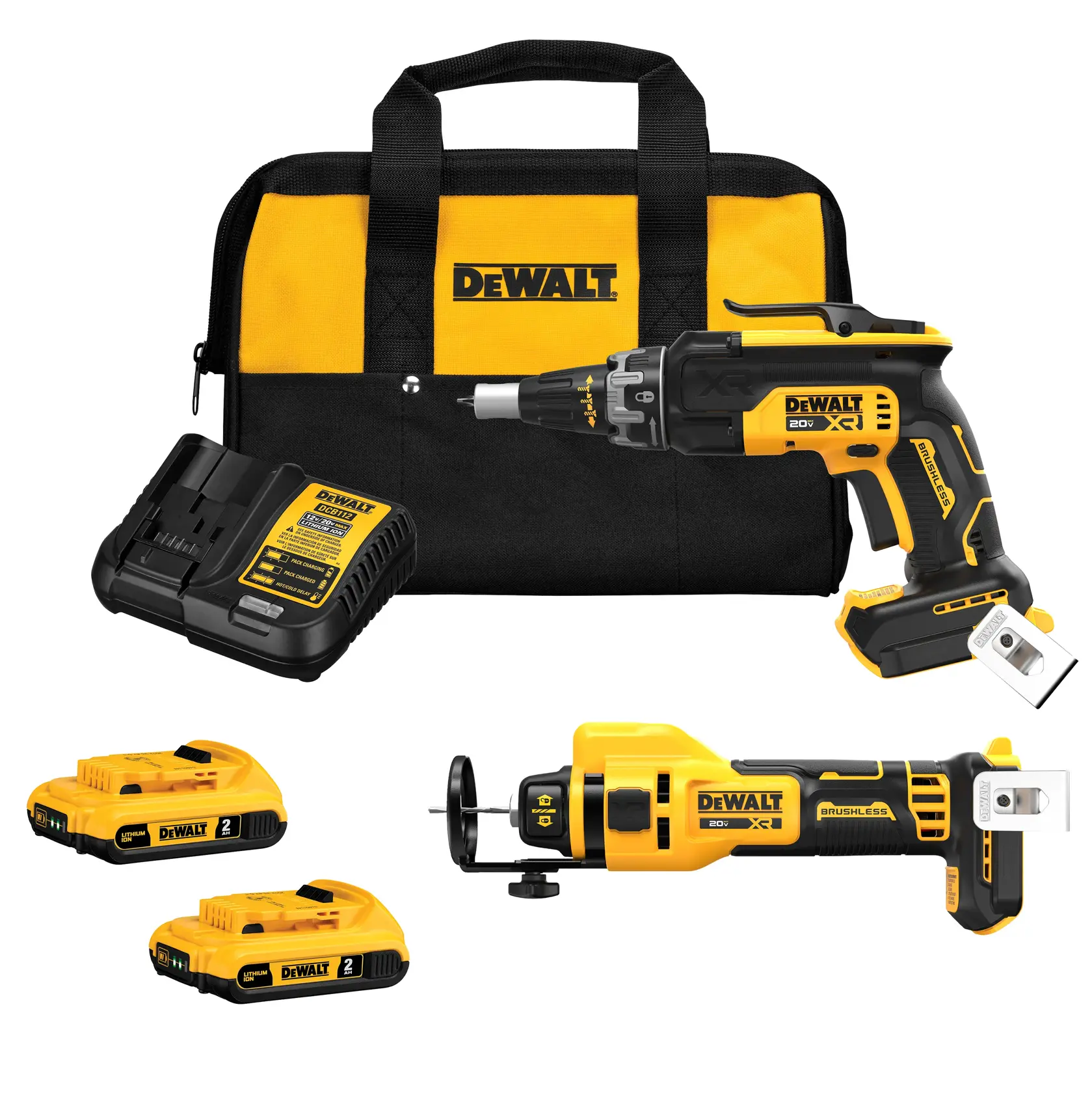 DEWALT tool kit including a black and yellow carrying bag, a cordless screwdriver, rotary tool, charger, and two rechargeable batteries. All items feature the DEWALT branding.