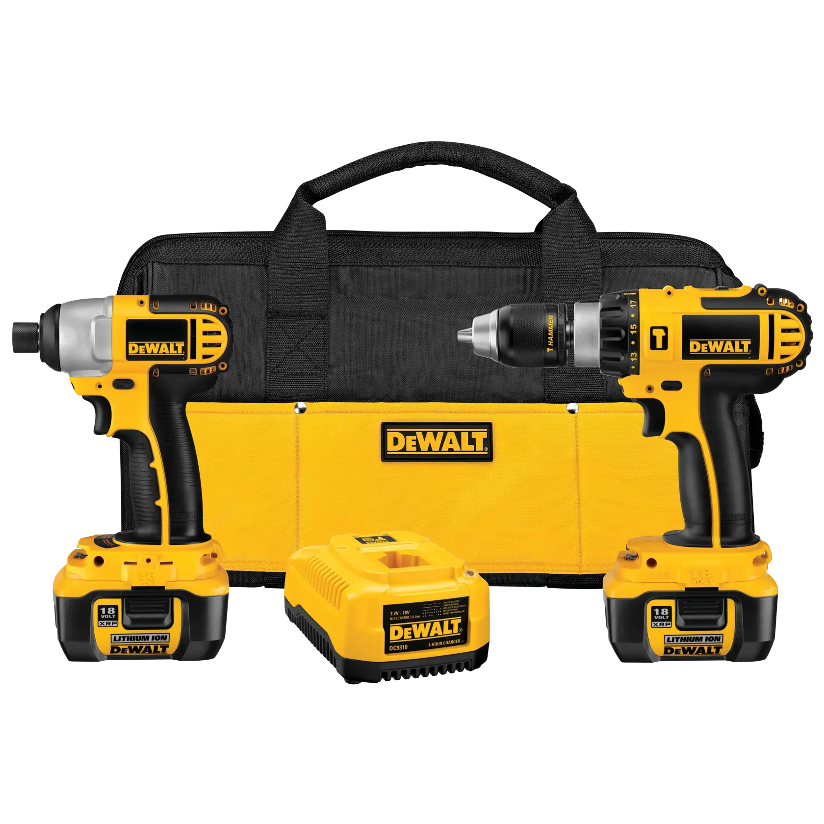 DEWALT cordless tool kit including a yellow and black cordless drill, a cordless impact driver, a battery charger, two lithium-ion batteries, and a black and yellow carrying bag.